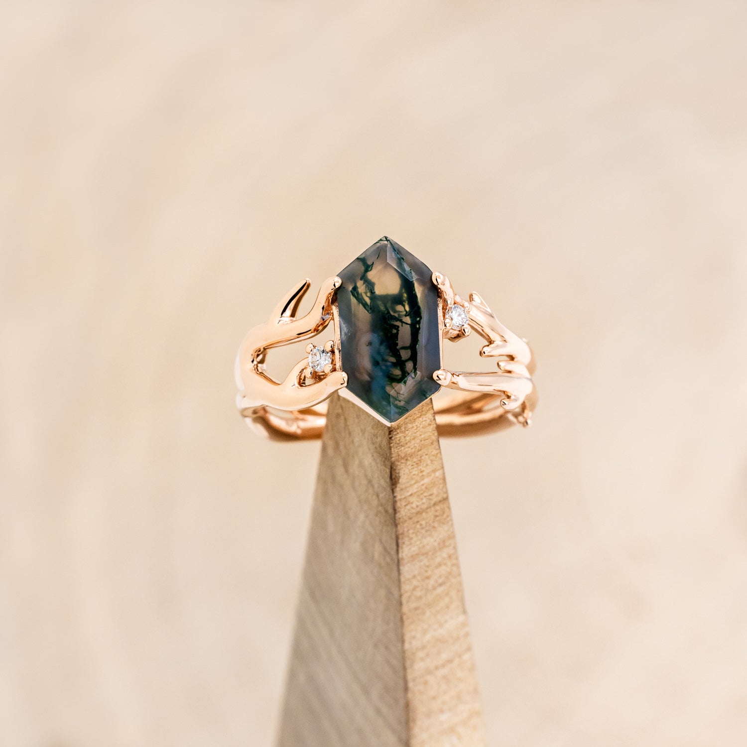 "ARTEMIS" - ELONGATED HEXAGON MOSS AGATE ENGAGEMENT RING WITH AN ANTLER STYLE BAND & DIAMOND ACCENTS - EXPEDITED-7