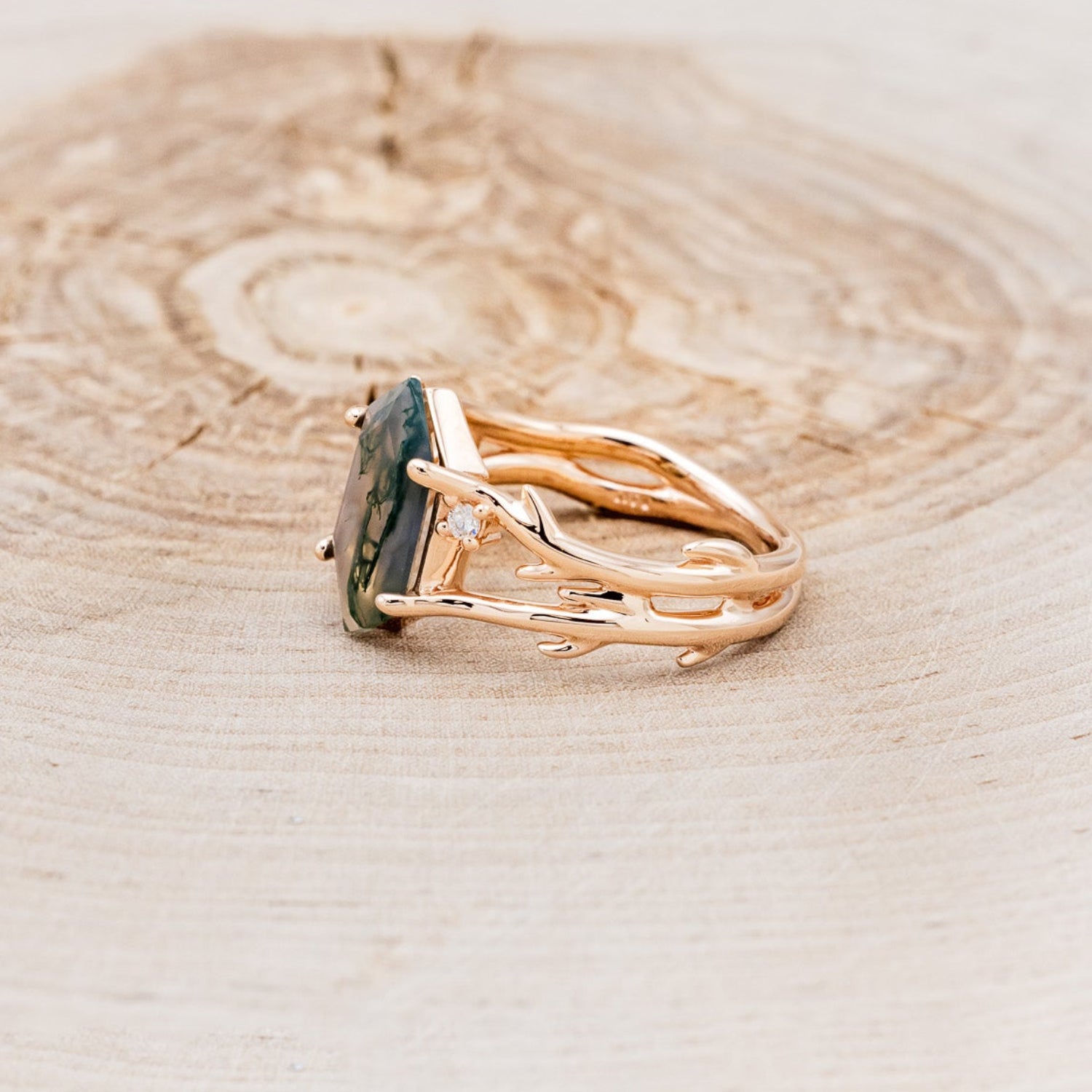 "ARTEMIS" - ELONGATED HEXAGON MOSS AGATE ENGAGEMENT RING WITH AN ANTLER STYLE BAND & DIAMOND ACCENTS - EXPEDITED-9