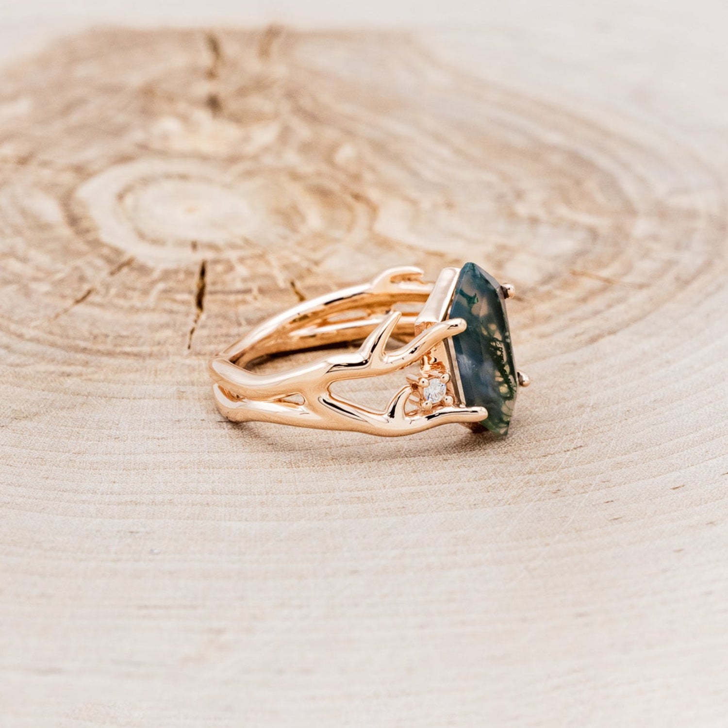 "ARTEMIS" - ELONGATED HEXAGON MOSS AGATE ENGAGEMENT RING WITH AN ANTLER STYLE BAND & DIAMOND ACCENTS - EXPEDITED-8