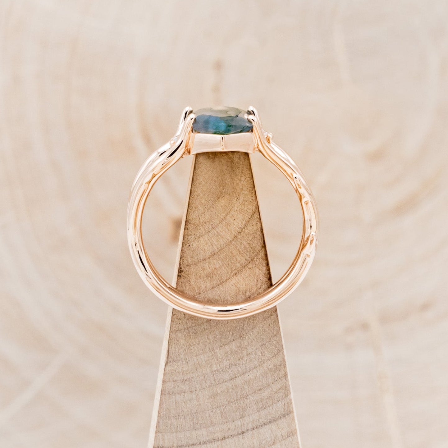 "ARTEMIS" - ELONGATED HEXAGON MOSS AGATE ENGAGEMENT RING WITH AN ANTLER STYLE BAND & DIAMOND ACCENTS - EXPEDITED-12
