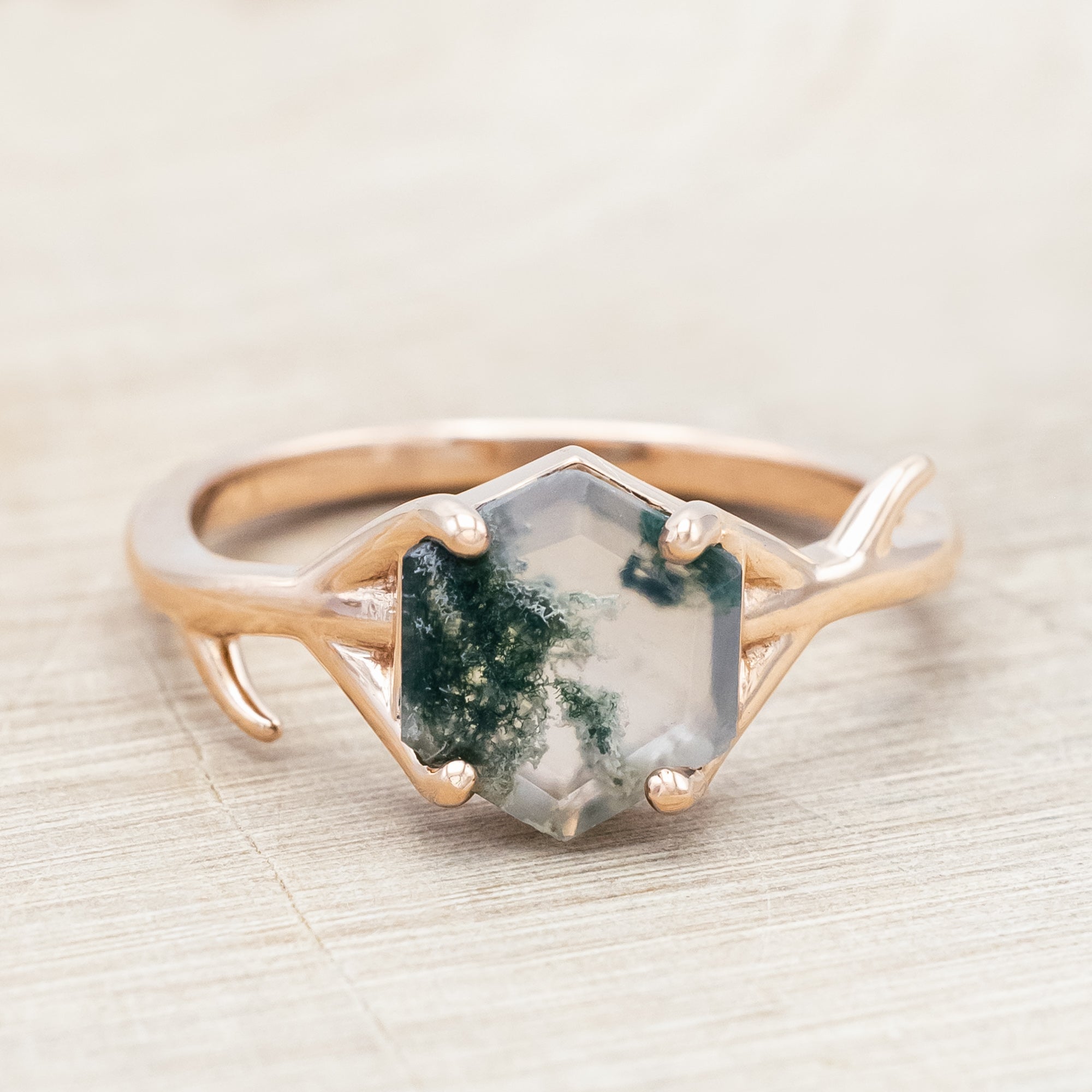 "ARTEMIS" - HEXAGON CUT MOSS AGATE ENGAGEMENT RING WITH AN ANTLER-STYLE STACKING BAND-Staghead Designs