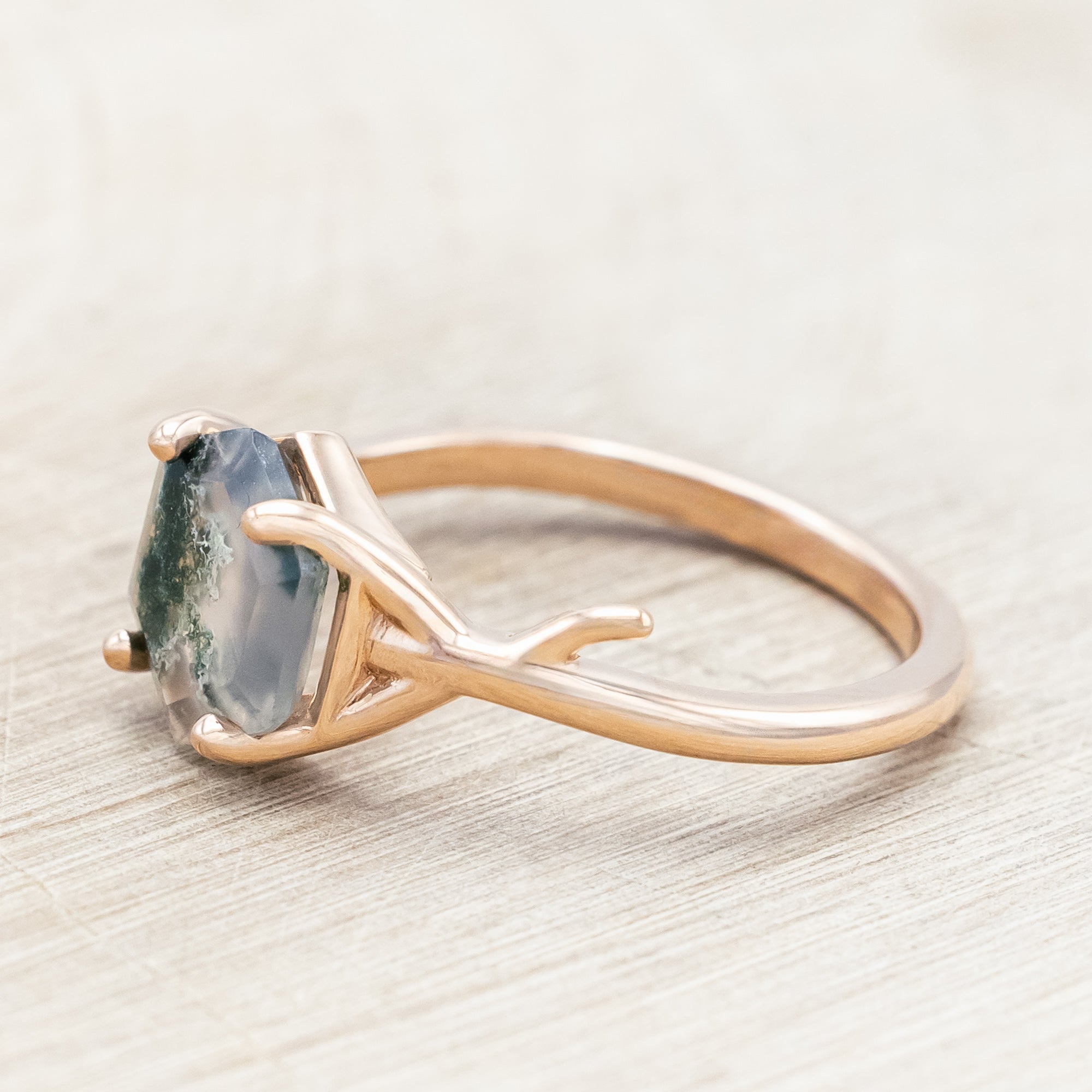 "ARTEMIS" - HEXAGON CUT MOSS AGATE ENGAGEMENT RING WITH AN ANTLER-STYLE STACKING BAND-Staghead Designs