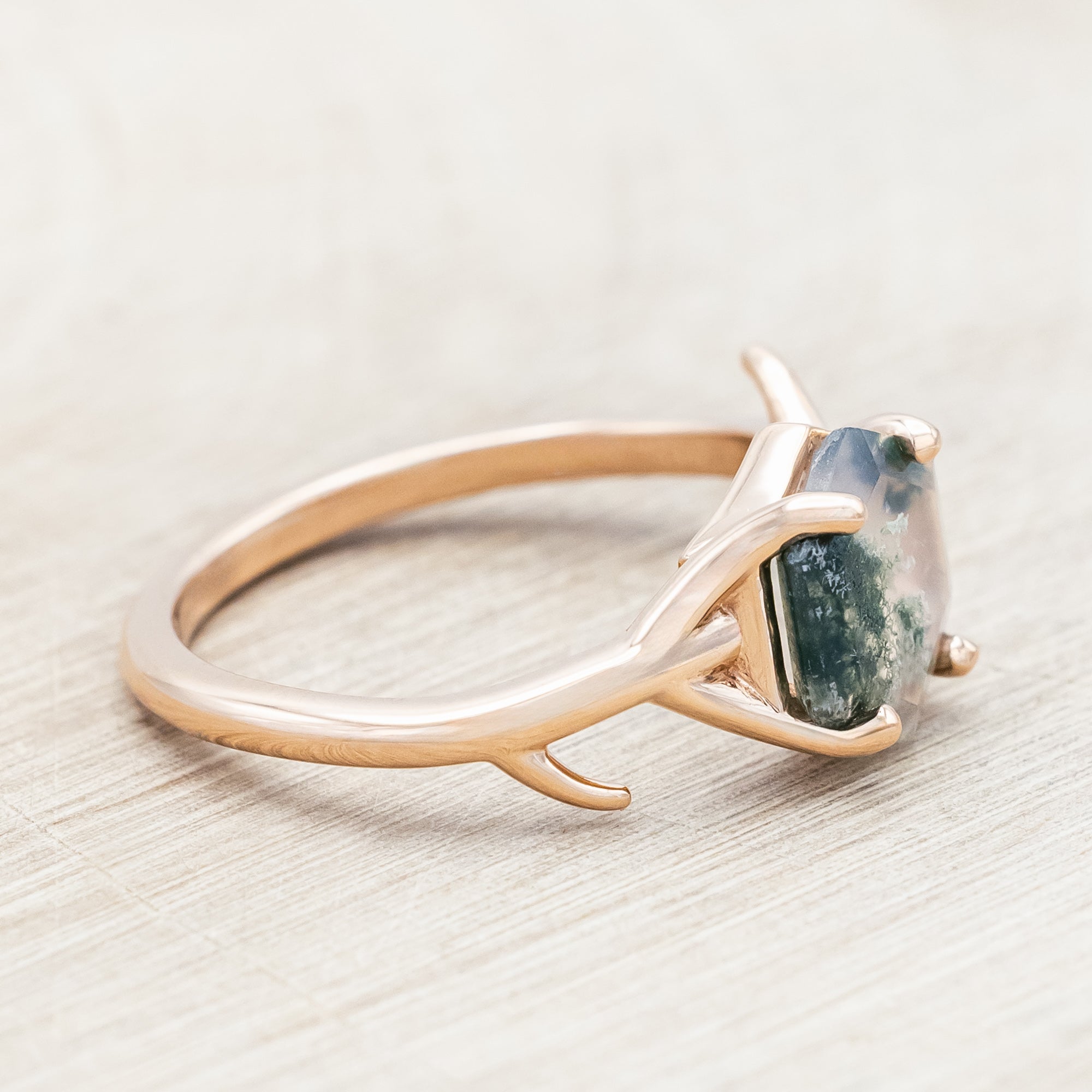 "ARTEMIS" - HEXAGON CUT MOSS AGATE ENGAGEMENT RING WITH AN ANTLER-STYLE STACKING BAND-Staghead Designs