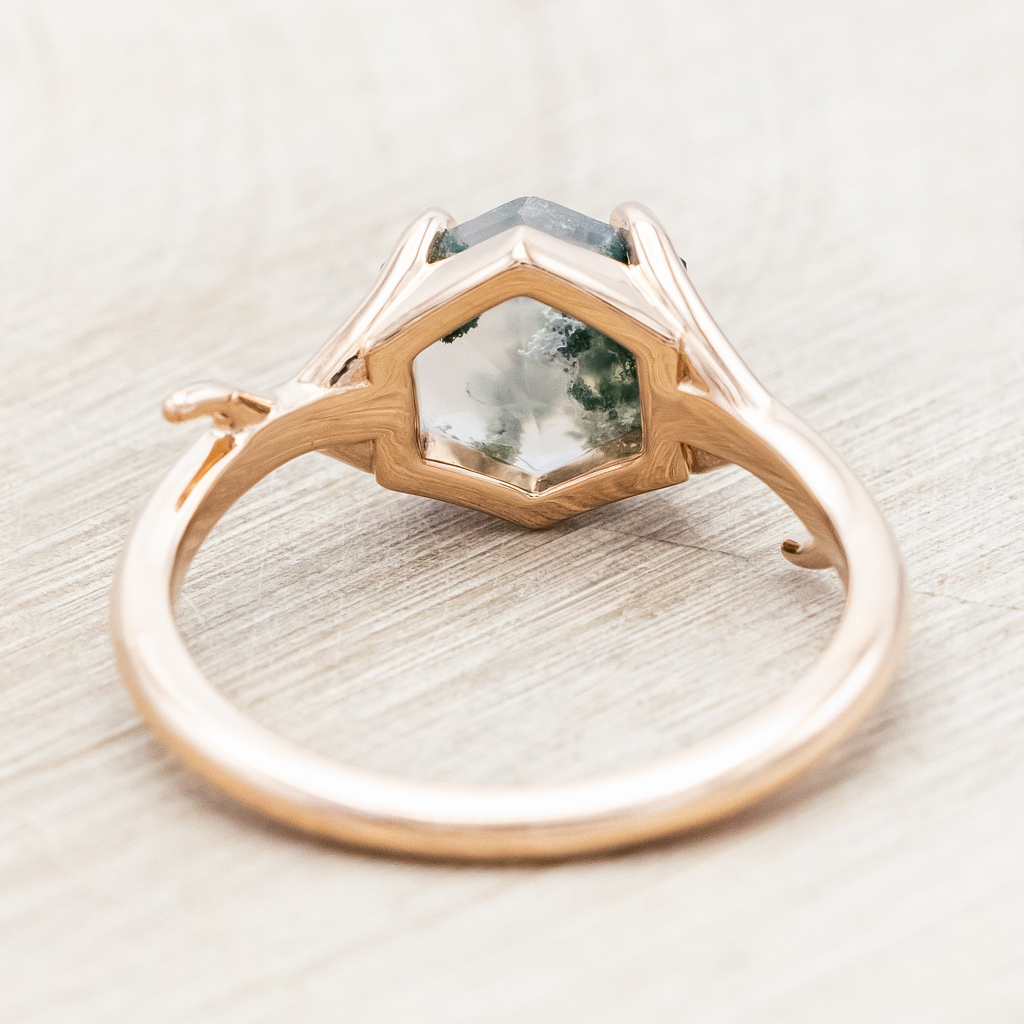 "ARTEMIS" - HEXAGON CUT MOSS AGATE ENGAGEMENT RING WITH AN ANTLER-STYLE STACKING BAND-Staghead Designs