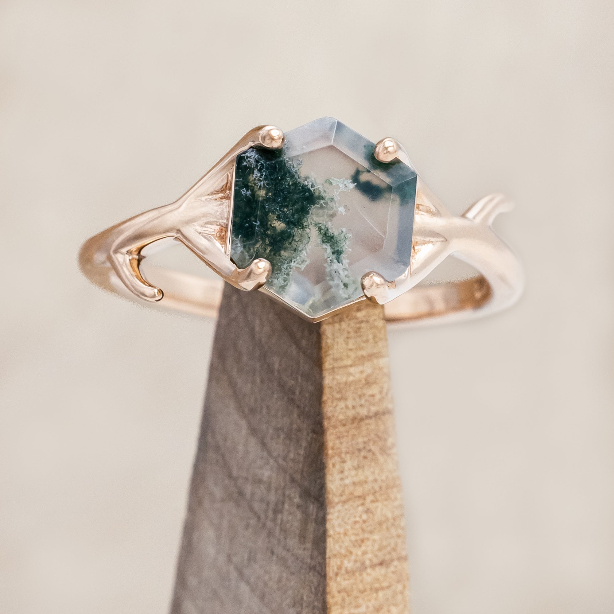 "ARTEMIS" - HEXAGON CUT MOSS AGATE ENGAGEMENT RING WITH AN ANTLER-STYLE STACKING BAND-Staghead Designs