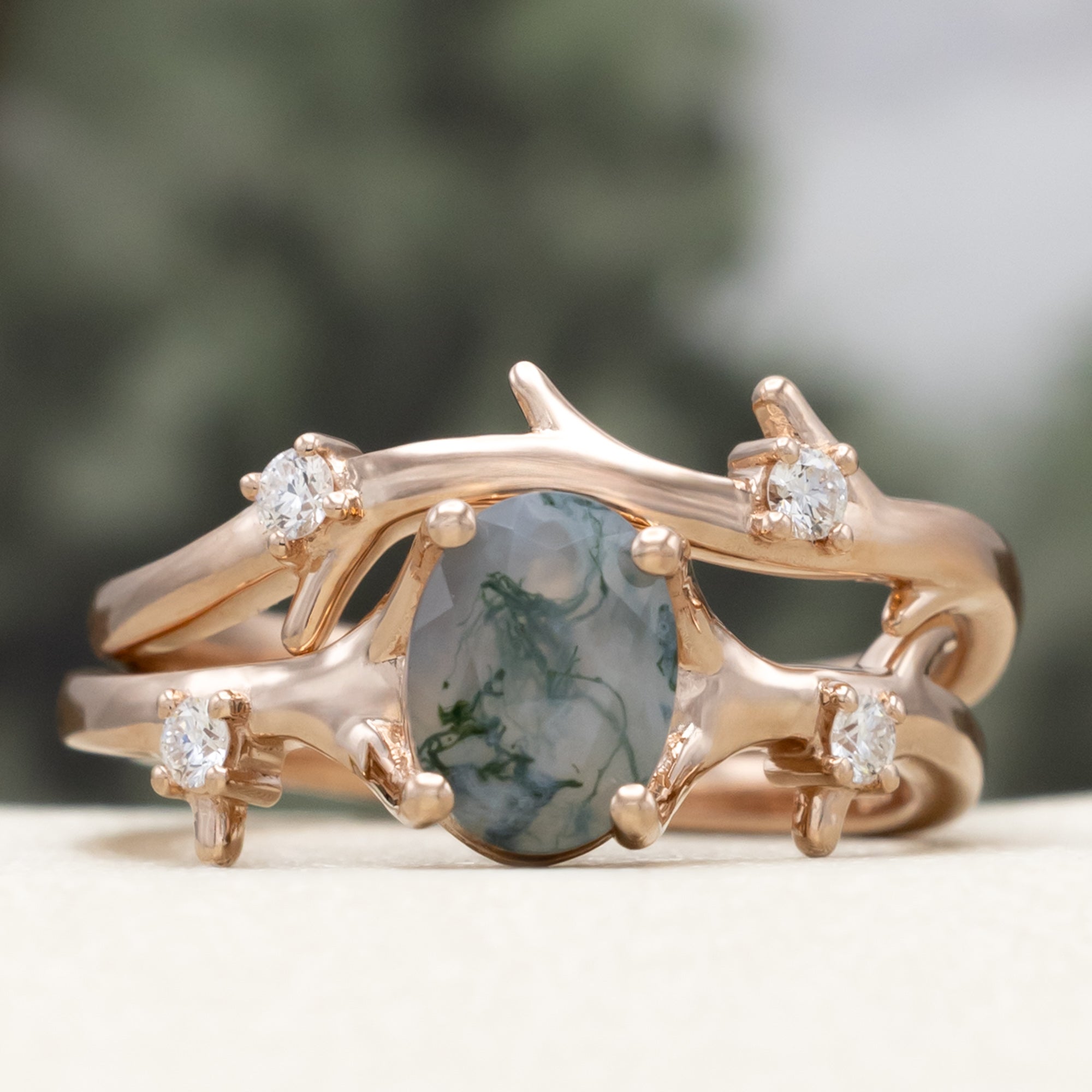 "ARTEMIS" - OVAL CUT MOSS AGATE ENGAGEMENT RING WITH DIAMOND ACCENTS & STACKING BAND-Staghead Designs