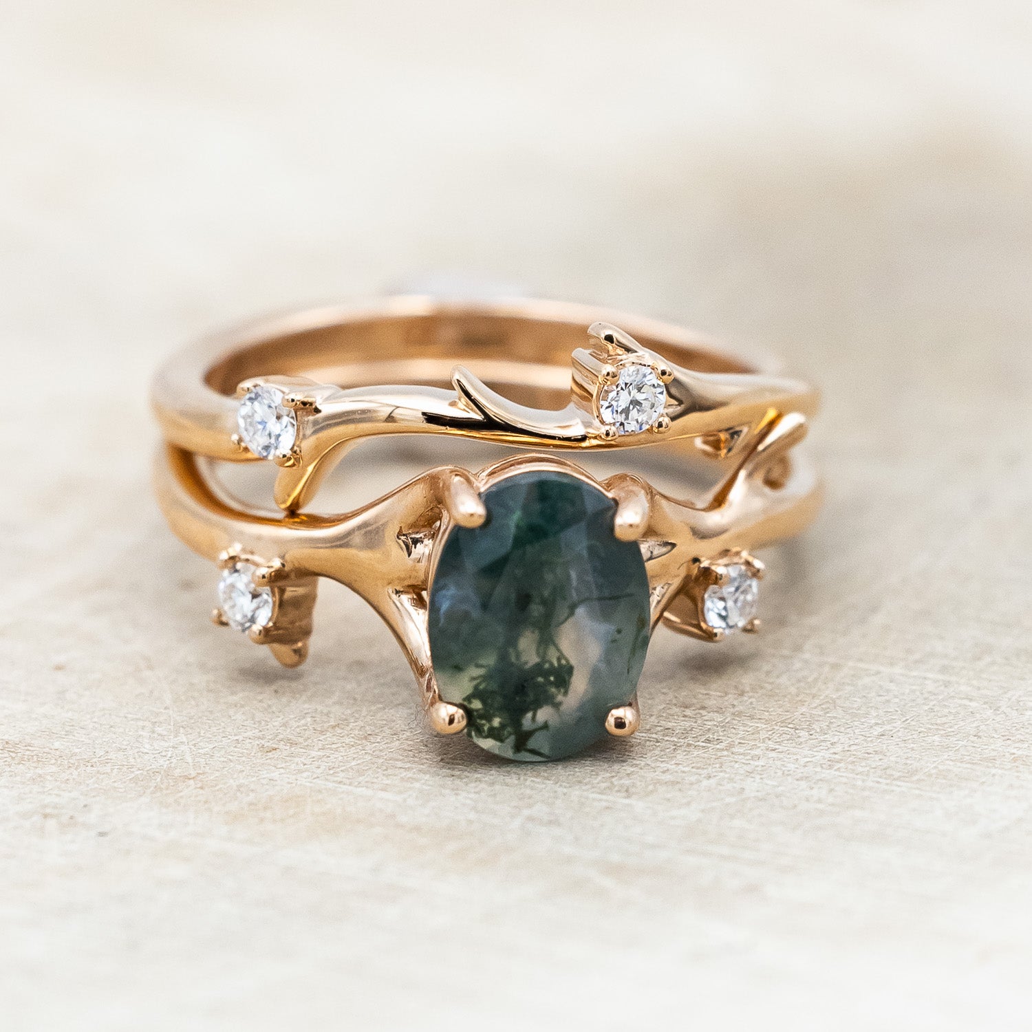 "ARTEMIS" - OVAL CUT MOSS AGATE ENGAGEMENT RING WITH DIAMOND ACCENTS & STACKING BAND-Staghead Designs