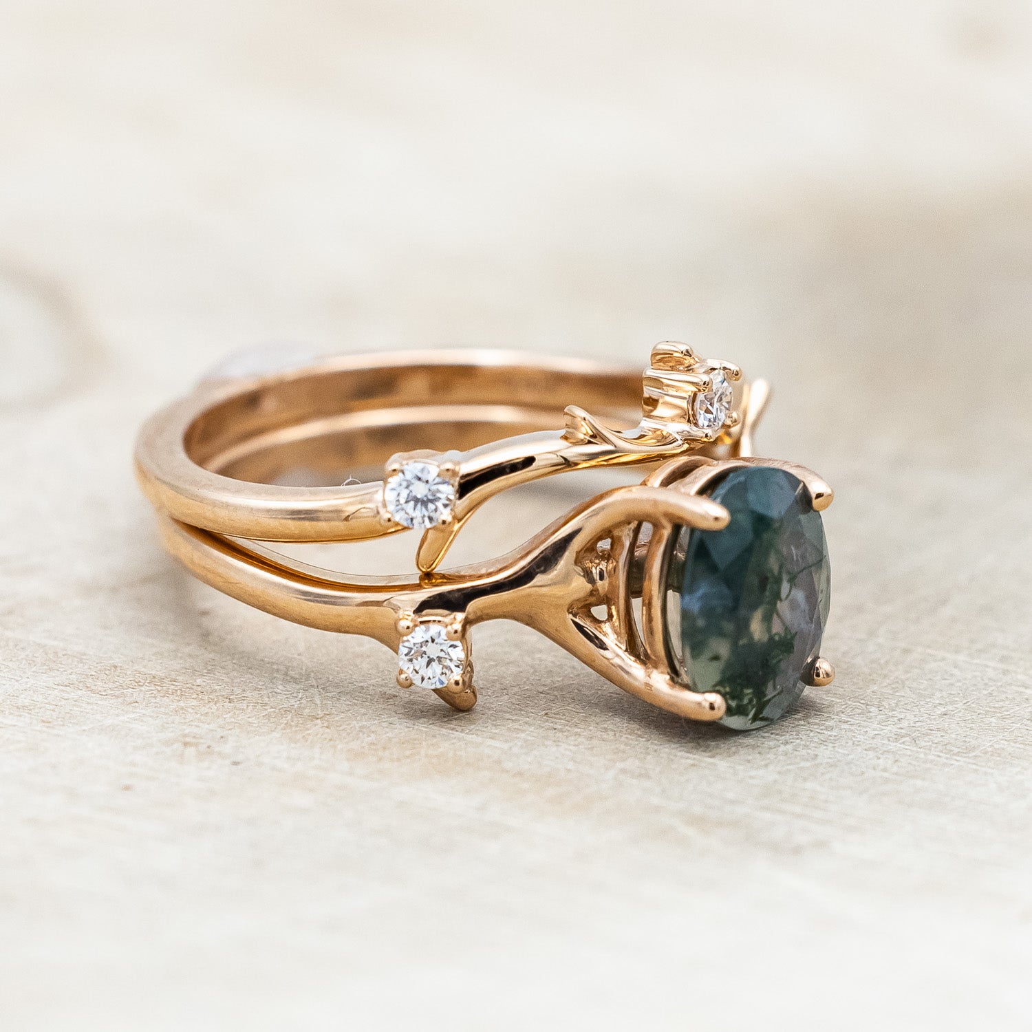 "ARTEMIS" - OVAL CUT MOSS AGATE ENGAGEMENT RING WITH DIAMOND ACCENTS & STACKING BAND-Staghead Designs