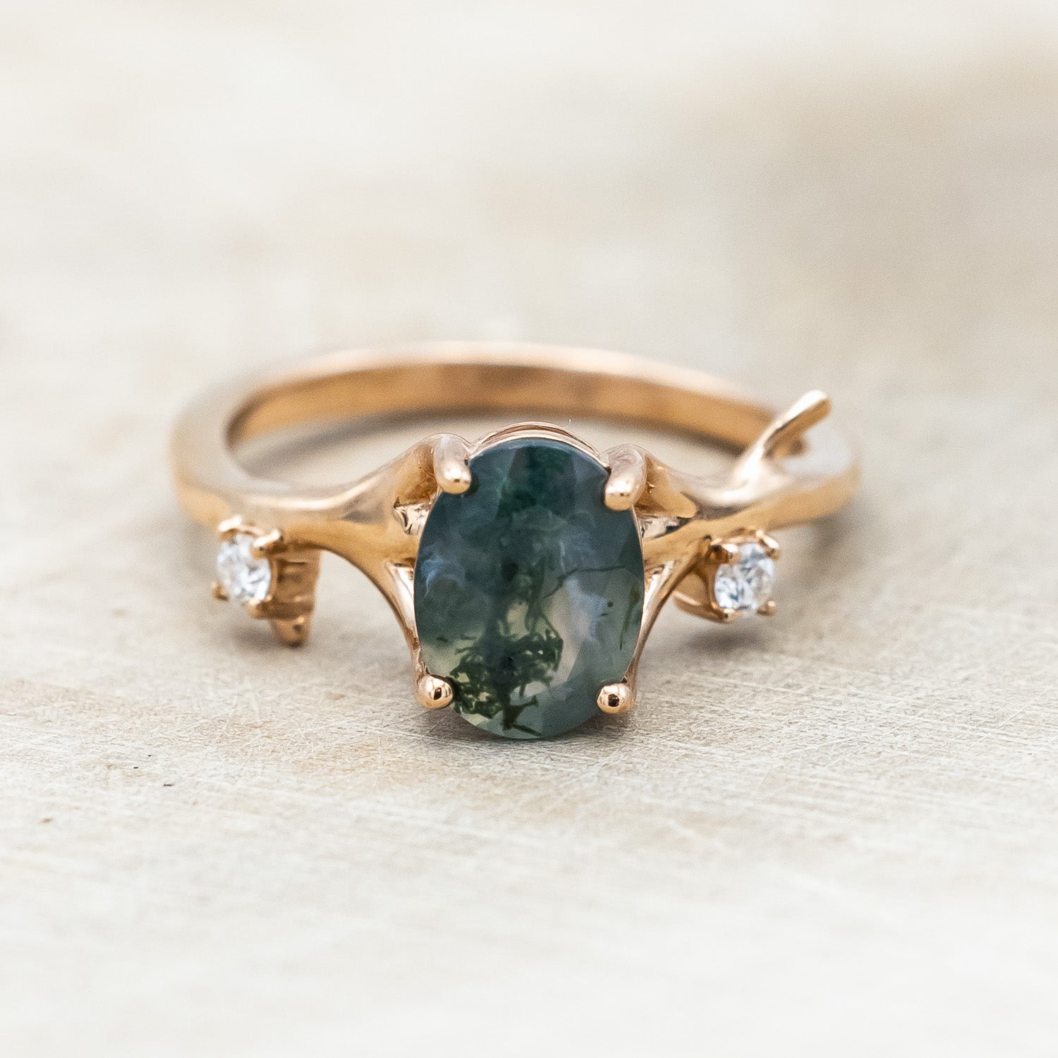 "ARTEMIS" - OVAL CUT MOSS AGATE ENGAGEMENT RING WITH DIAMOND ACCENTS & STACKING BAND-Staghead Designs