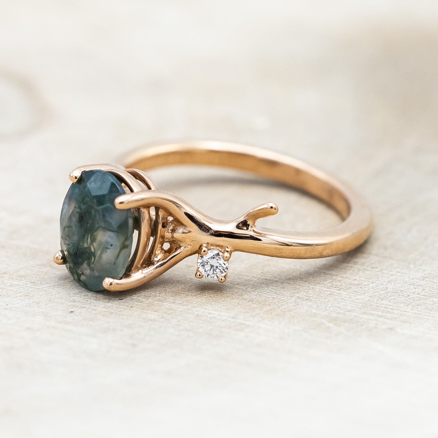 "ARTEMIS" - OVAL CUT MOSS AGATE ENGAGEMENT RING WITH DIAMOND ACCENTS & STACKING BAND-Staghead Designs