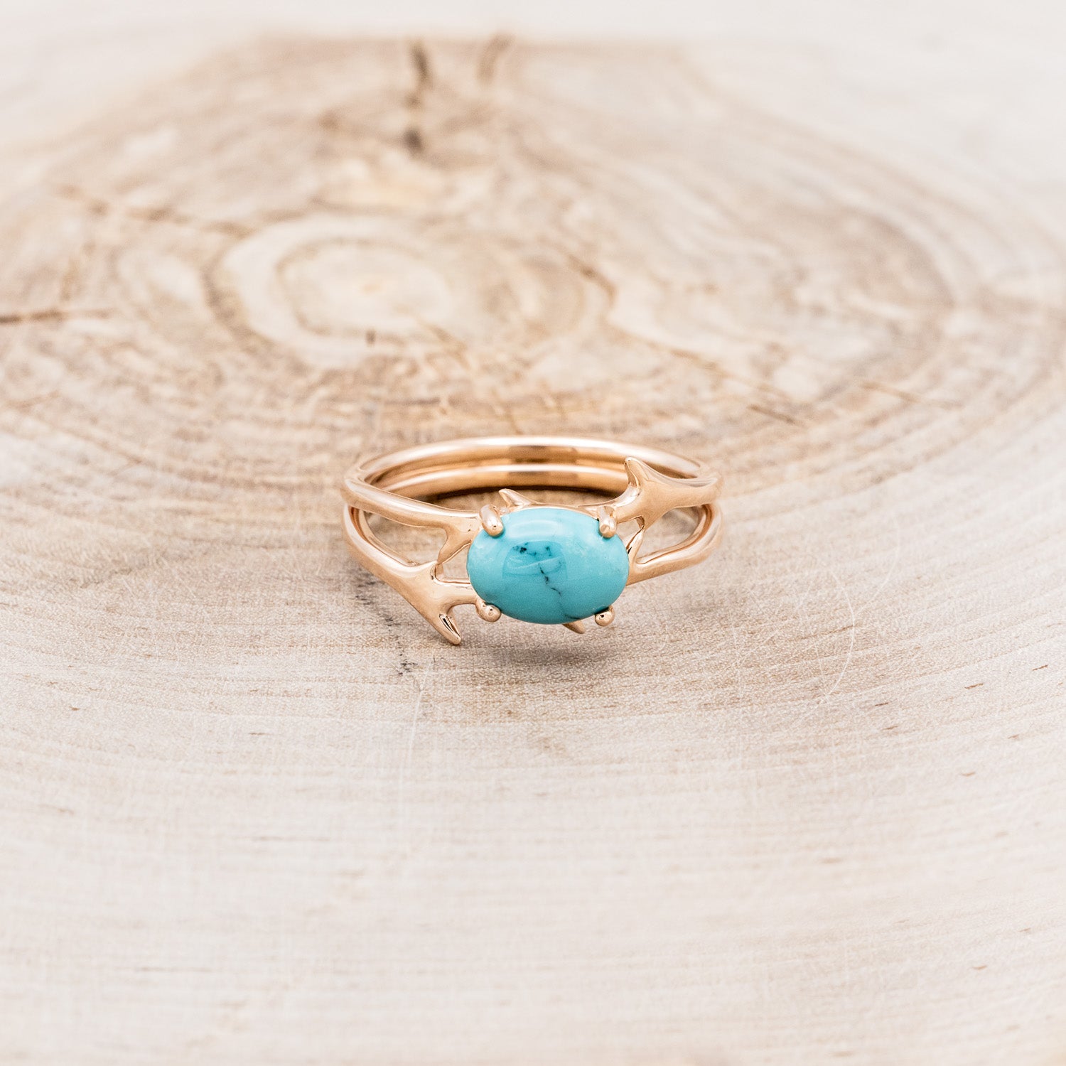 "ARTEMIS" - OVAL TURQUOISE ENGAGEMENT RING WITH AN ANTLER STYLE BAND-11