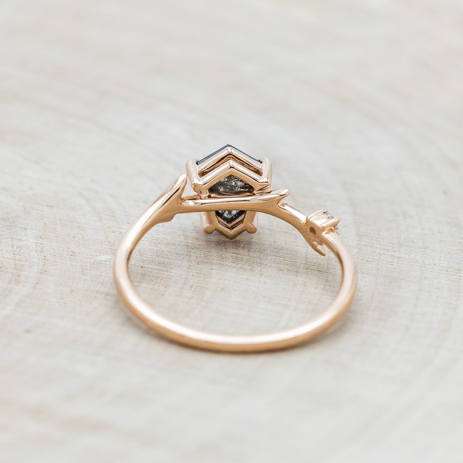 "ARTEMIS" - SHIELD CUT SALT & PEPPER DIAMOND ENGAGEMENT RING WITH DIAMOND ACCENTS & STACKING BAND-27