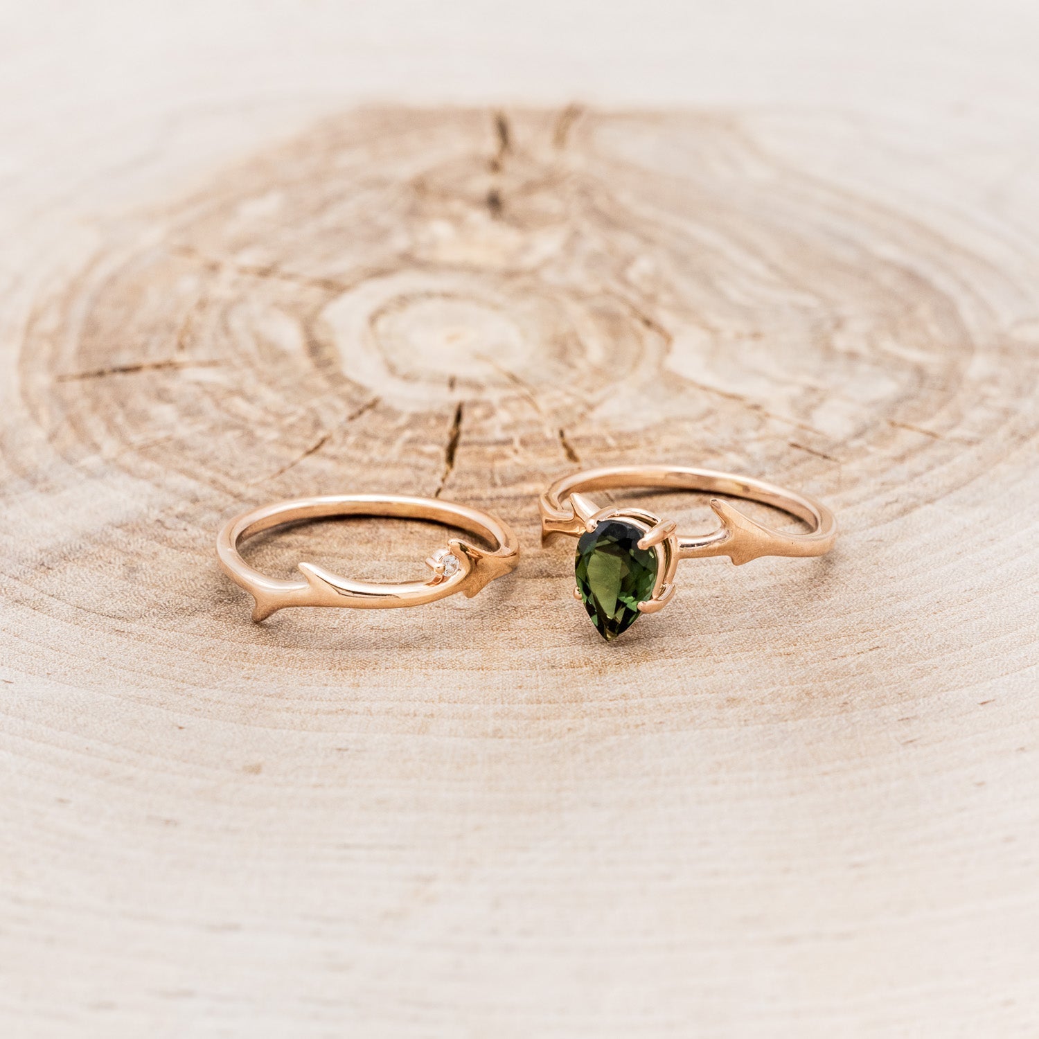 "ARTEMIS" - PEAR GREEN TOURMALINE ENGAGEMENT RING WITH AN ANTLER-STYLE STACKING BAND WITH DIAMOND ACCENT-5