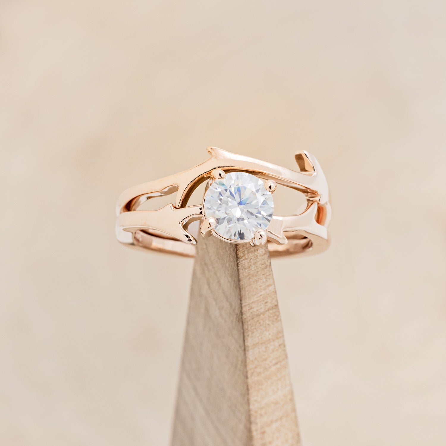 "ARTEMIS" - ROUND MOISSANITE ENGAGEMENT RING WITH AN ANTLER STYLE STACKING BAND-12