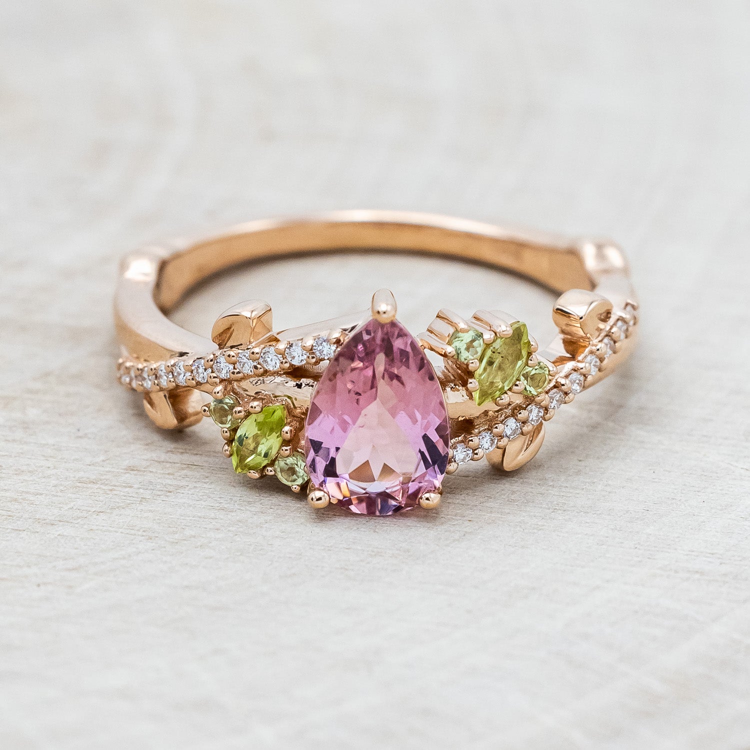 "KAMILA" - PEAR-SHAPED PINK TOURMALINE ENGAGEMENT RING WITH PERIDOT & DIAMOND ACCENTS-4