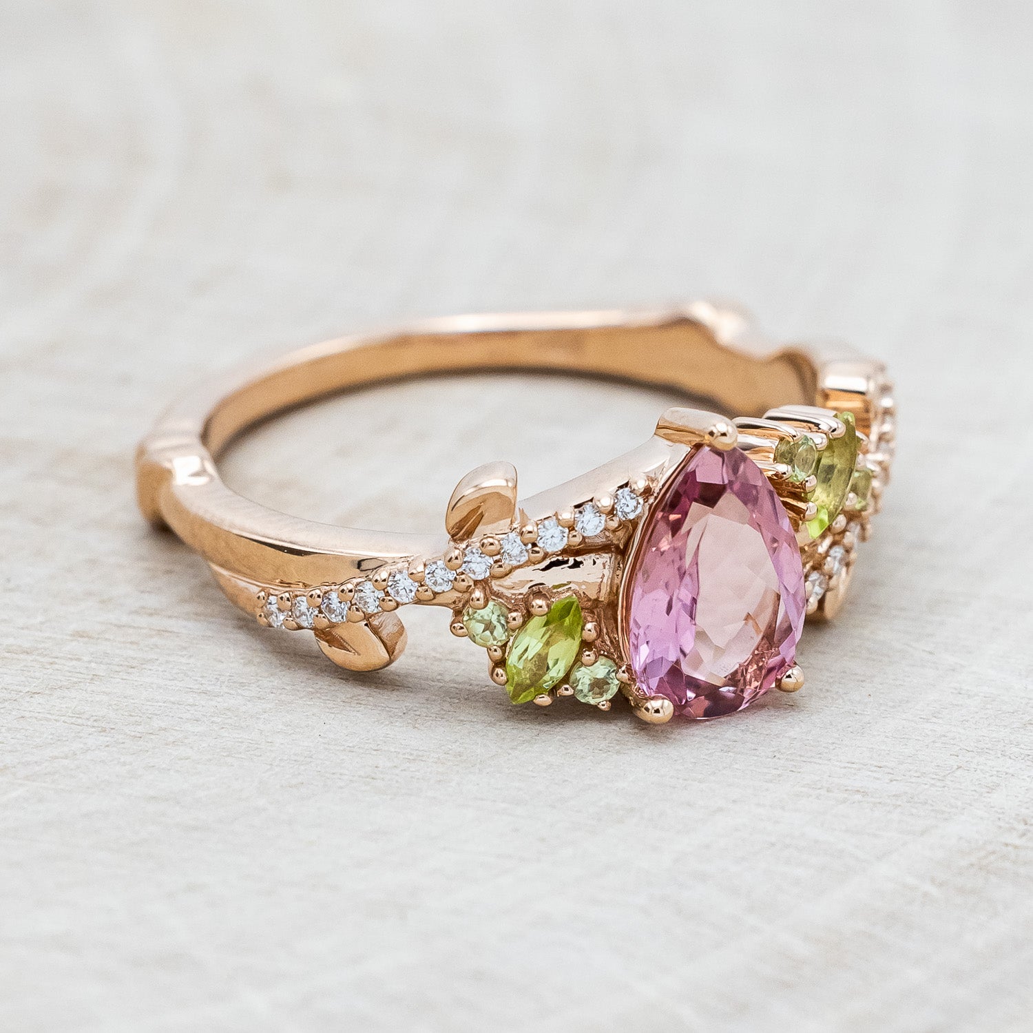 "KAMILA" - PEAR-SHAPED PINK TOURMALINE ENGAGEMENT RING WITH PERIDOT & DIAMOND ACCENTS-2