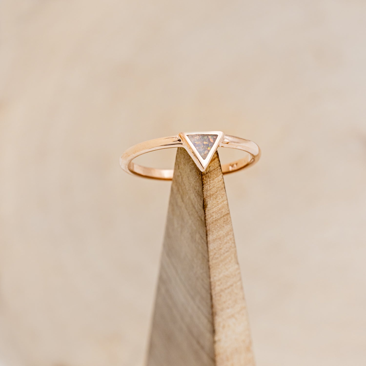 "ATLANTIS" - 14K GOLD TRIANGLE RING & V-SHAPED TRACER SET WITH FIRE & ICE OPAL-7