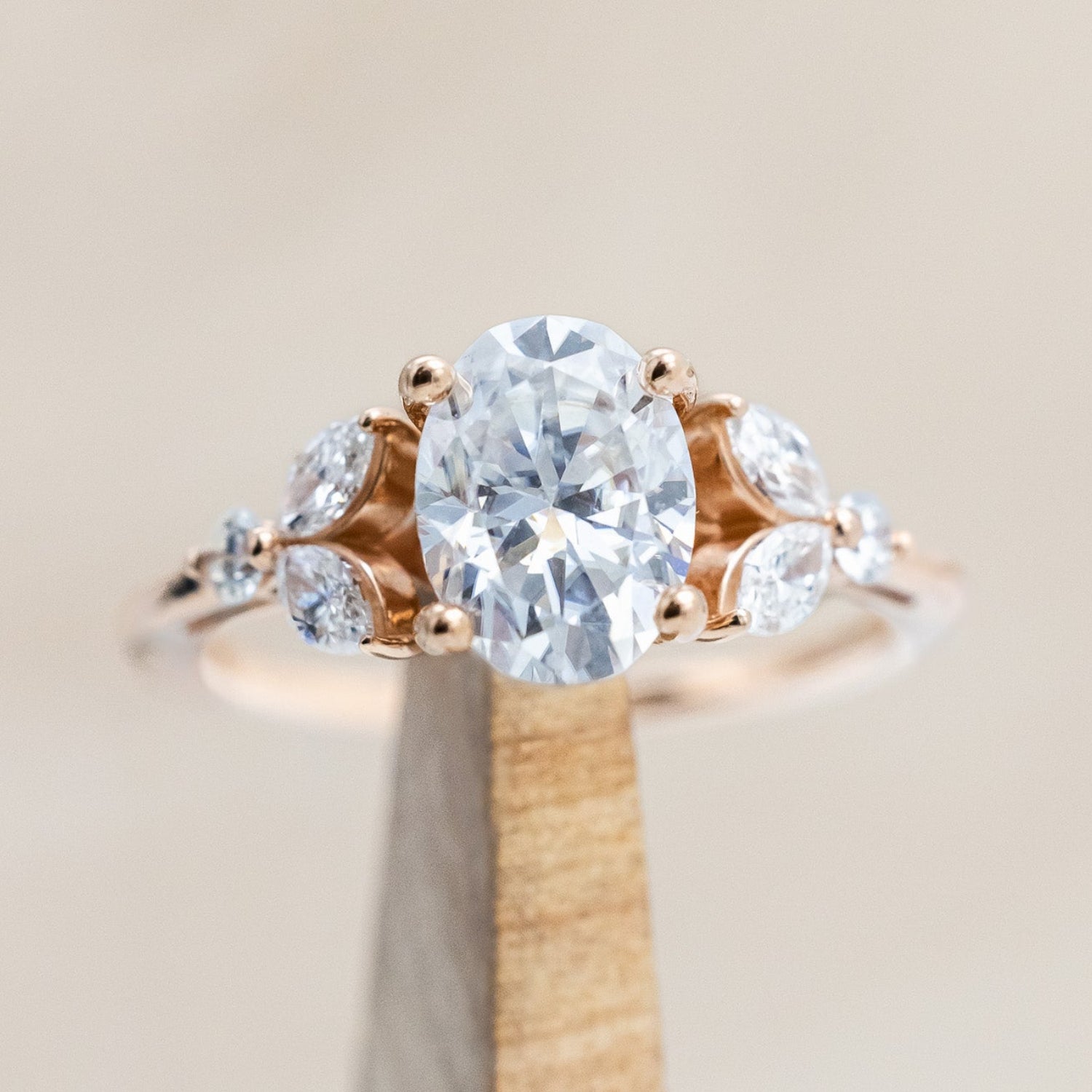 "BLOSSOM" - OVAL MOISSANITE ENGAGEMENT RING WITH LEAF-SHAPED DIAMOND ACCENTS-Staghead Designs