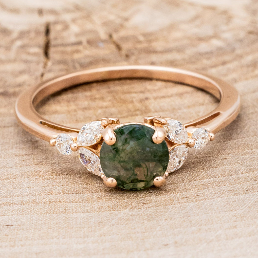 "BLOSSOM" - ROUND CUT MOSS AGATE ENGAGEMENT RING WITH LEAF-SHAPED DIAMOND ACCENTS-19