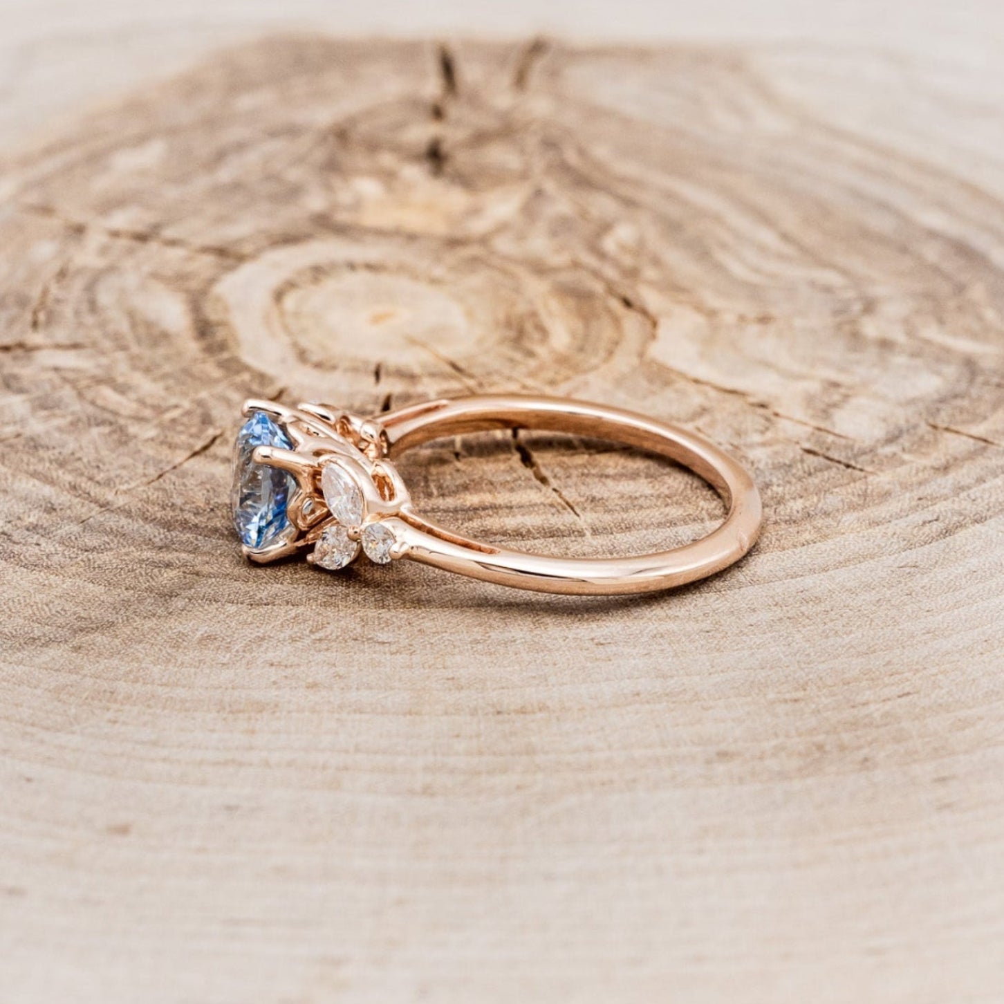 "BLOSSOM" - ROUND CUT AQUAMARINE ENGAGEMENT RING WITH LEAF-SHAPED DIAMOND ACCENTS-3