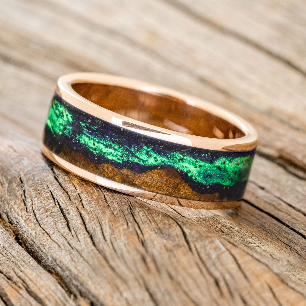"BOREALIS" - MOUNTAIN ENGRAVED WEDDING RING WITH REDWOOD & GLOW IN THE DARK NORTHERN LIGHTS-11