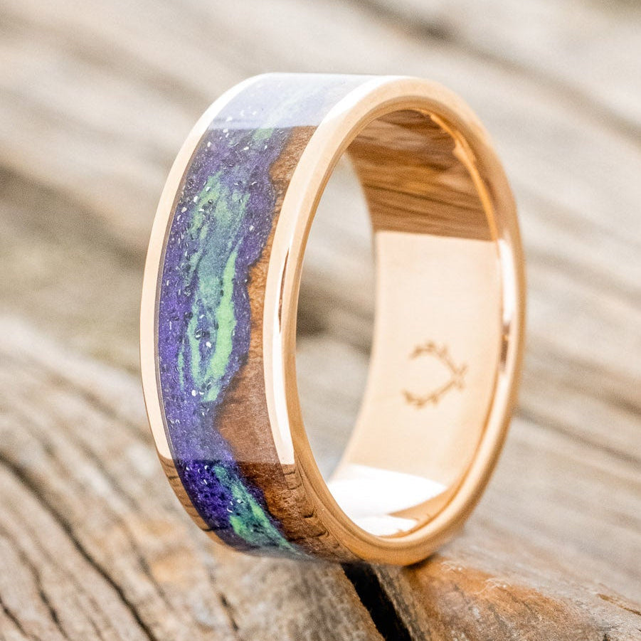 "BOREALIS" - MOUNTAIN ENGRAVED WEDDING RING WITH REDWOOD & GLOW IN THE DARK NORTHERN LIGHTS-7