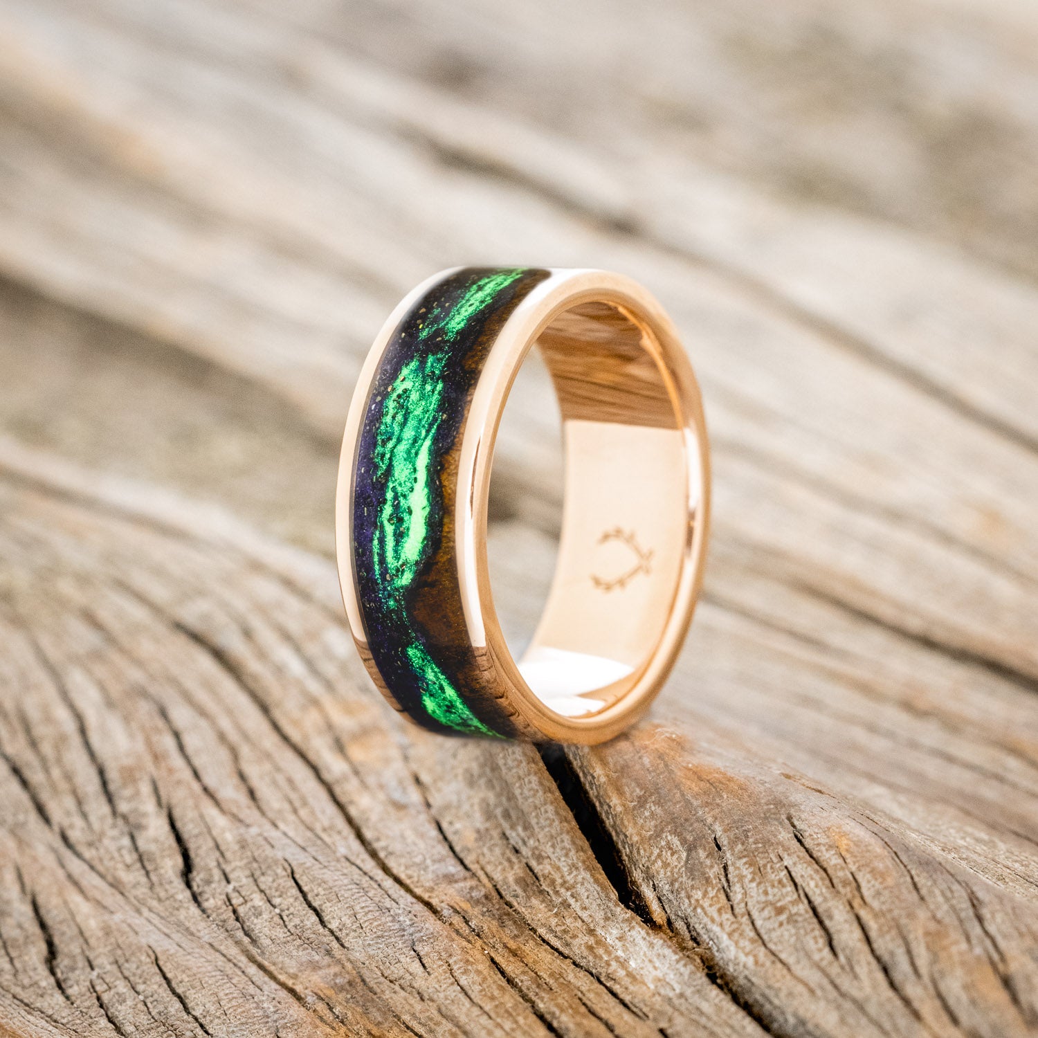 "BOREALIS" - MOUNTAIN ENGRAVED WEDDING RING WITH REDWOOD & GLOW IN THE DARK NORTHERN LIGHTS-10