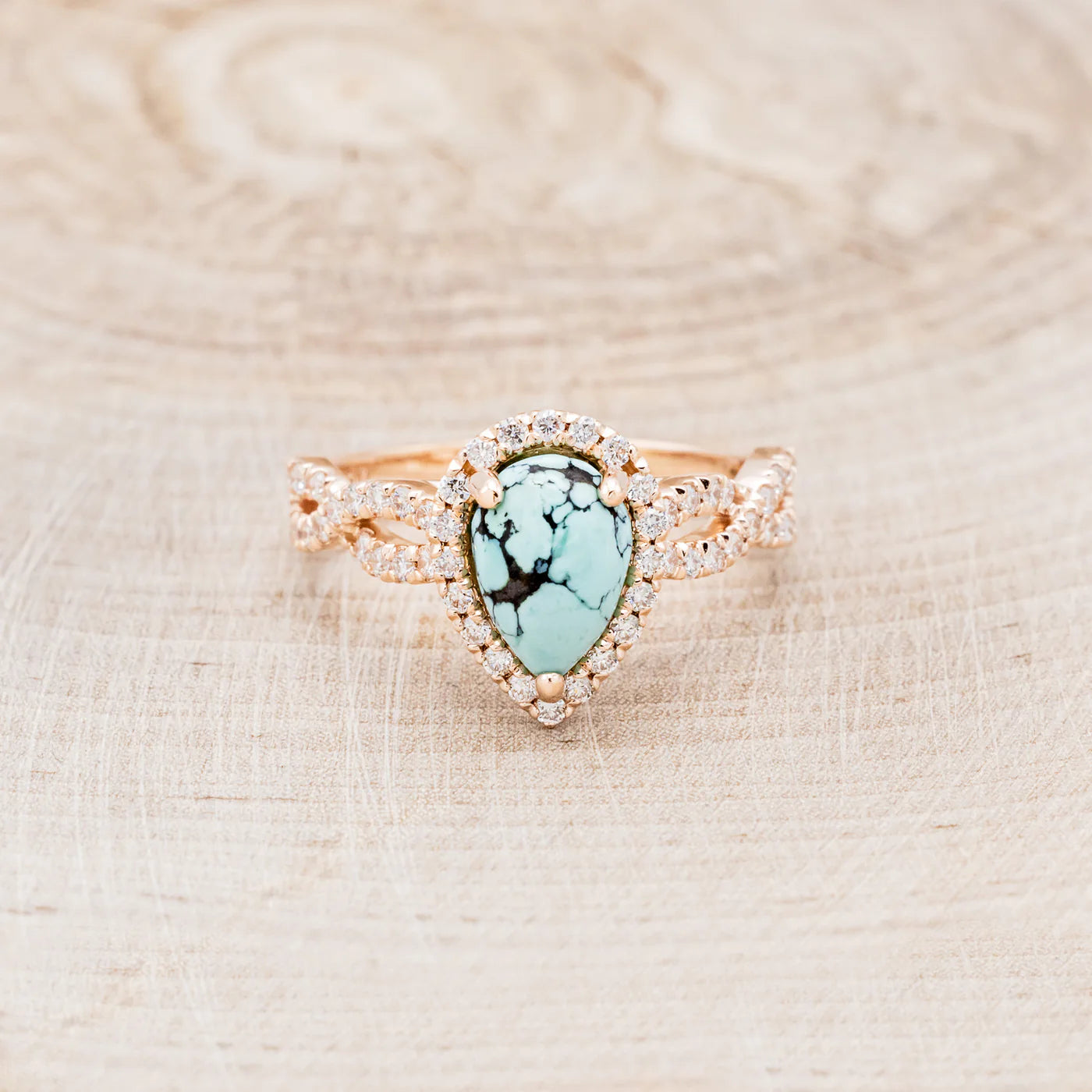 "BRIDGETTE" - PEAR CABOCHON CUT TURQUOISE ENGAGEMENT RING WITH DIAMOND HALO & ACCENTS - 14K ROSE GOLD - SIZE 5 3/4-Staghead Designs