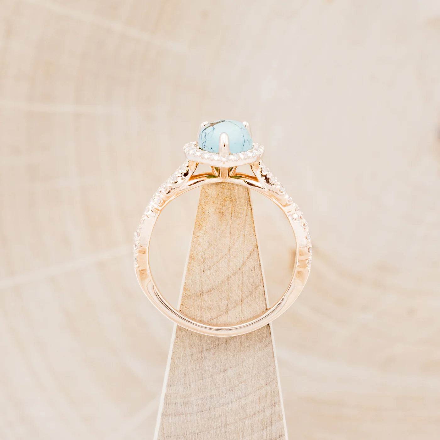 "BRIDGETTE" - PEAR CABOCHON CUT TURQUOISE ENGAGEMENT RING WITH DIAMOND HALO & ACCENTS - 14K ROSE GOLD - SIZE 5 3/4-Staghead Designs