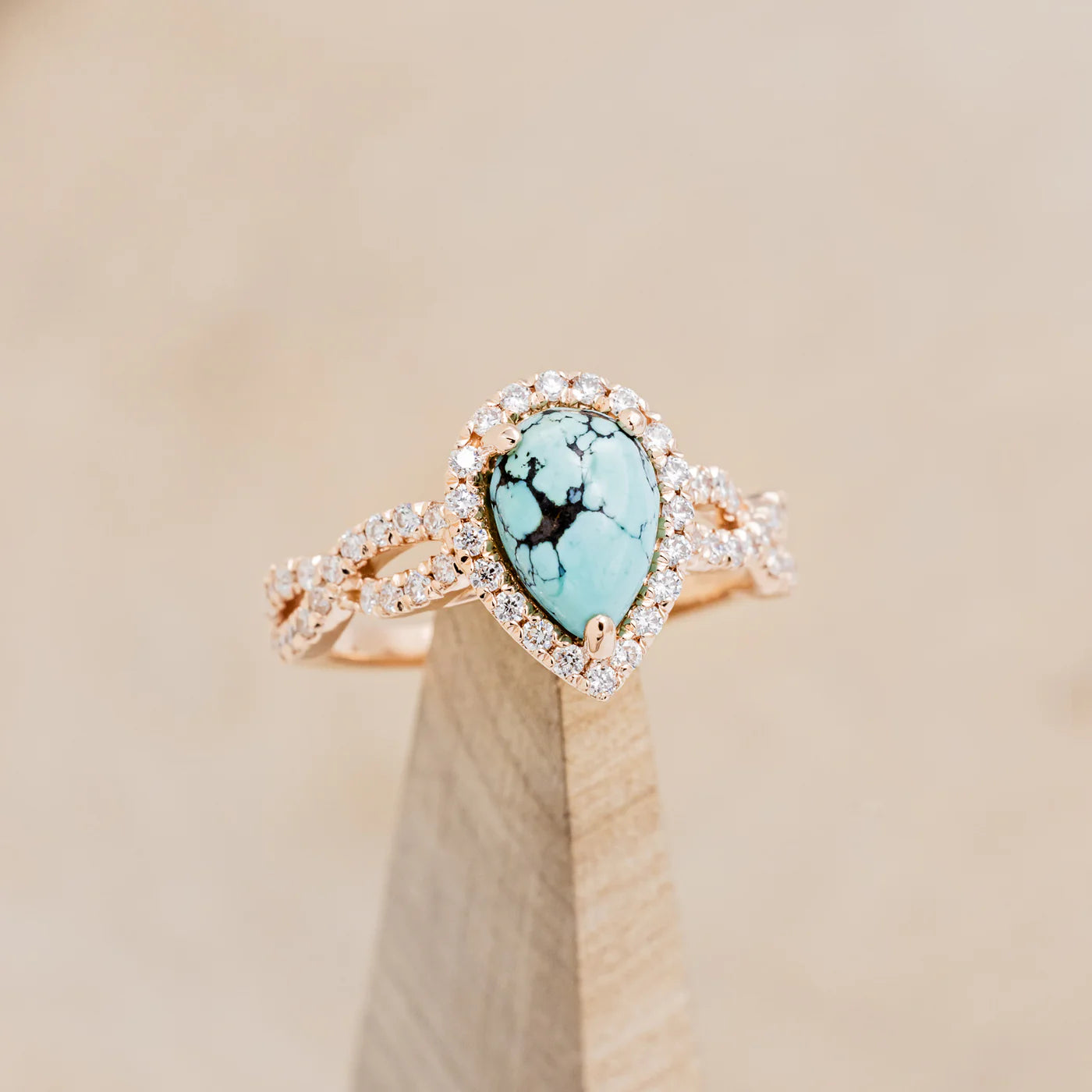 "BRIDGETTE" - PEAR CABOCHON CUT TURQUOISE ENGAGEMENT RING WITH DIAMOND HALO & ACCENTS - 14K ROSE GOLD - SIZE 5 3/4-Staghead Designs