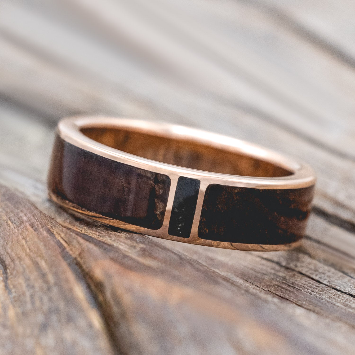 "Caspian" - men's wedding ring featuring koa wood and moss agate inlay