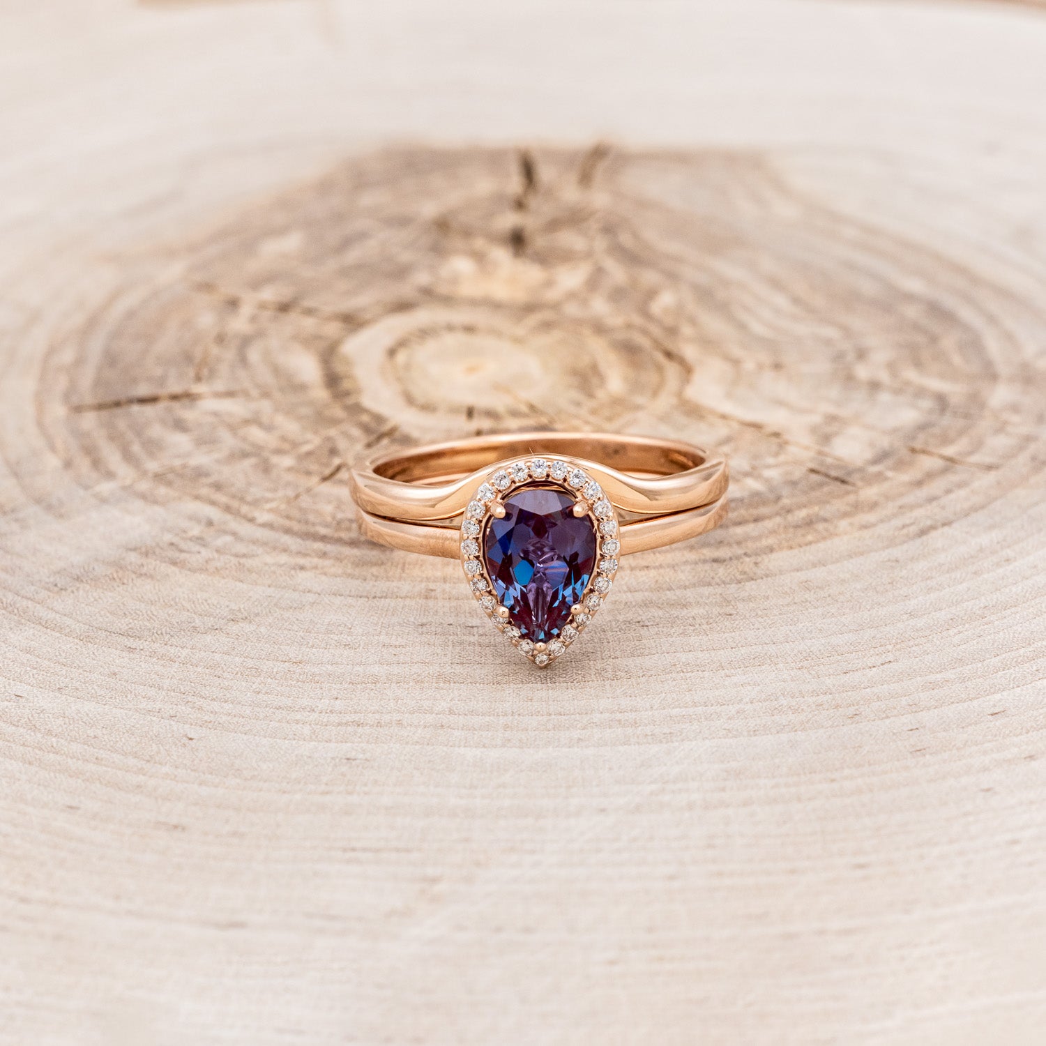 "CLARISS" - PEAR-SHAPED LAB-GROWN ALEXANDRITE ENGAGEMENT RING SET WITH DIAMOND ACCENTS & STACKER-4