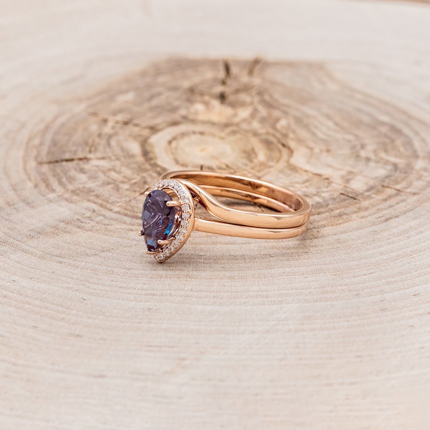 "CLARISS" - PEAR-SHAPED LAB-GROWN ALEXANDRITE ENGAGEMENT RING SET WITH DIAMOND ACCENTS & STACKER-3