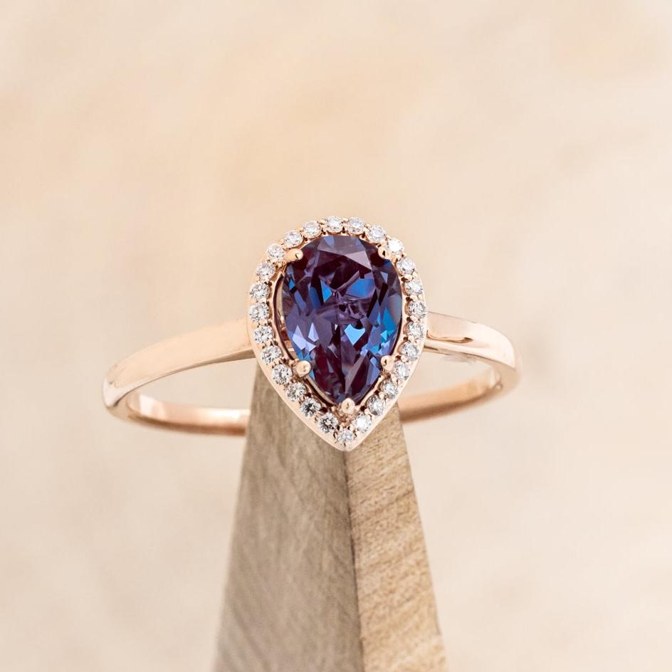 "CLARISS" - PEAR-SHAPED LAB-GROWN ALEXANDRITE ENGAGEMENT RING SET WITH DIAMOND ACCENTS & STACKER-7