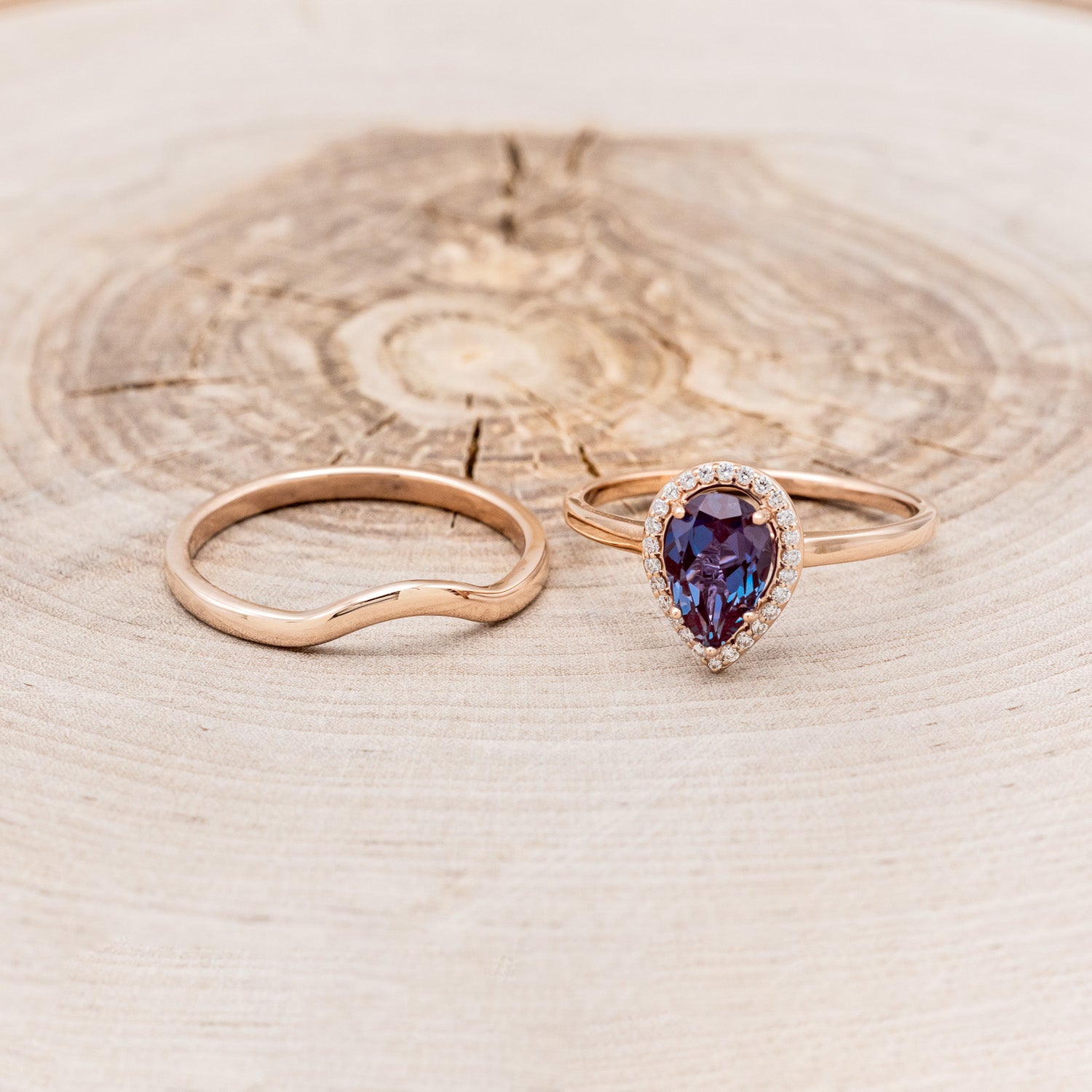 "CLARISS" - PEAR-SHAPED LAB-GROWN ALEXANDRITE ENGAGEMENT RING SET WITH DIAMOND ACCENTS & STACKER-6
