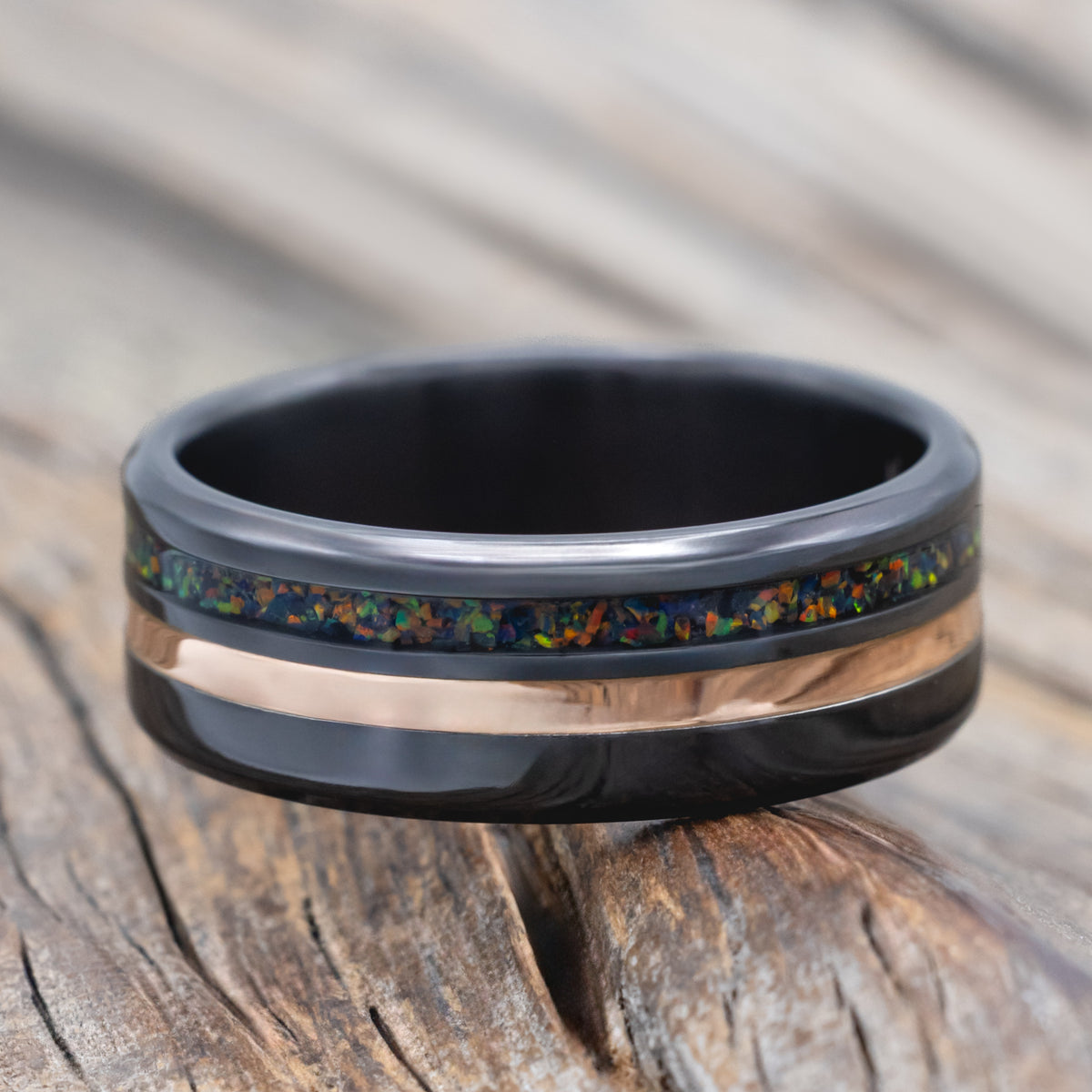 "Cosmo" - Black Fire Opal & 14K Gold Inlay Wedding Ring-Staghead Designs