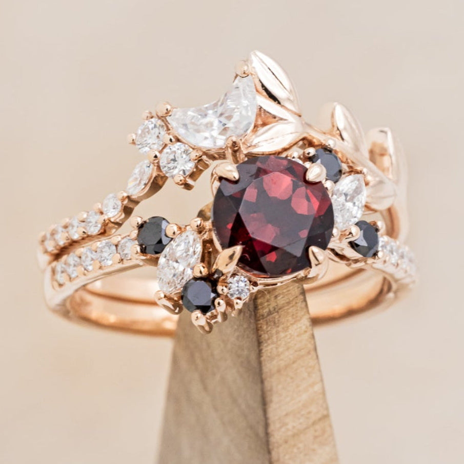 "DEMETER" - BRIDAL SUITE - ROUND GARNET ENGAGEMENT RING WITH BLACK & WHITE DIAMOND ACCENTS & TWO DIAMOND TRACERS WITH CRESCENT MOON ACCENTS-36