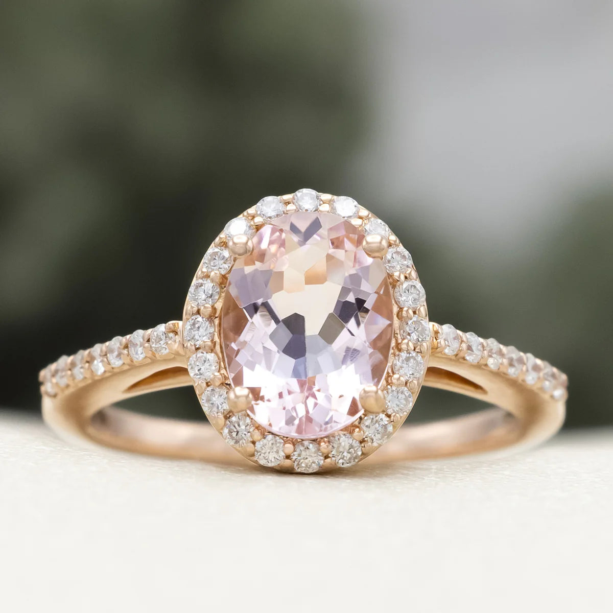 "Diana" - Oval Cut Morganite Engagement Ring With Diamond Halo & Accents - 14K Rose Gold - Size 5