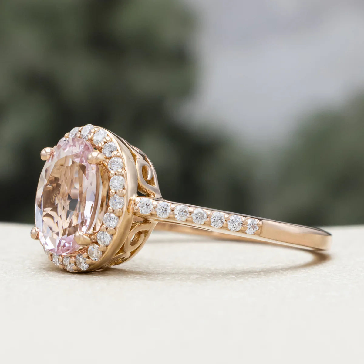 "Diana" - Oval Cut Morganite Engagement Ring With Diamond Halo & Accents - 14K Rose Gold - Size 5