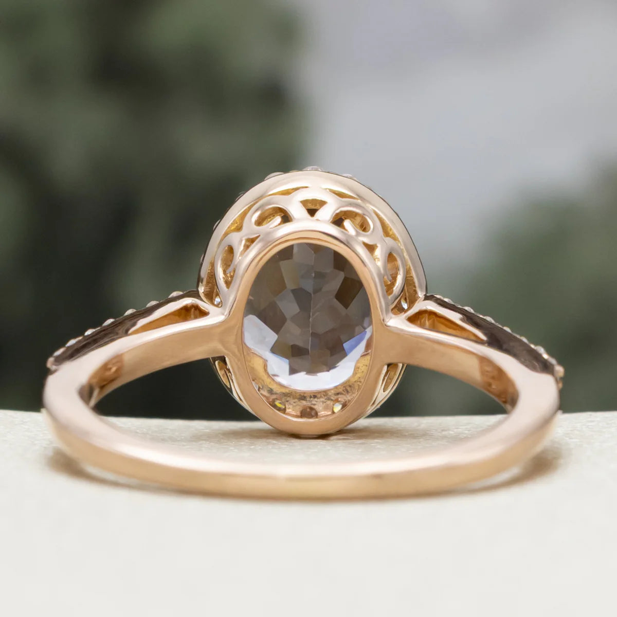 "Diana" - Oval Cut Morganite Engagement Ring With Diamond Halo & Accents - 14K Rose Gold - Size 5