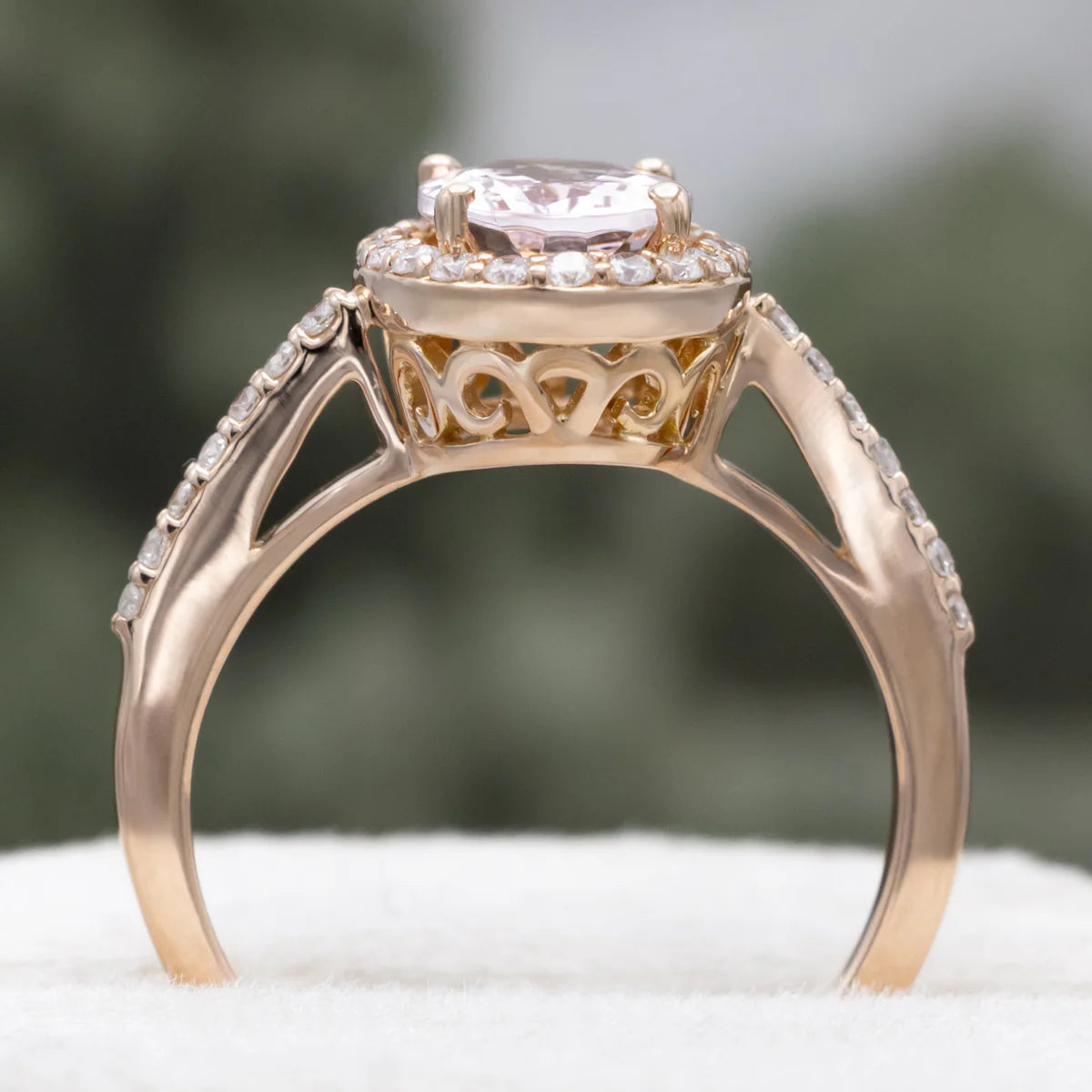 "Diana" - Oval Cut Morganite Engagement Ring With Diamond Halo & Accents - 14K Rose Gold - Size 5