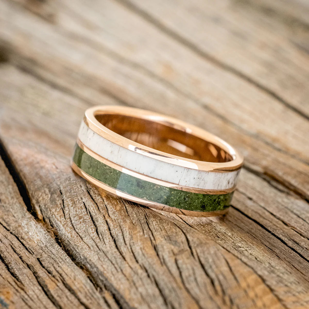 "Dyad" - Moss & Antler Wedding Band - 14K Rose Gold (8mm) - Size 7