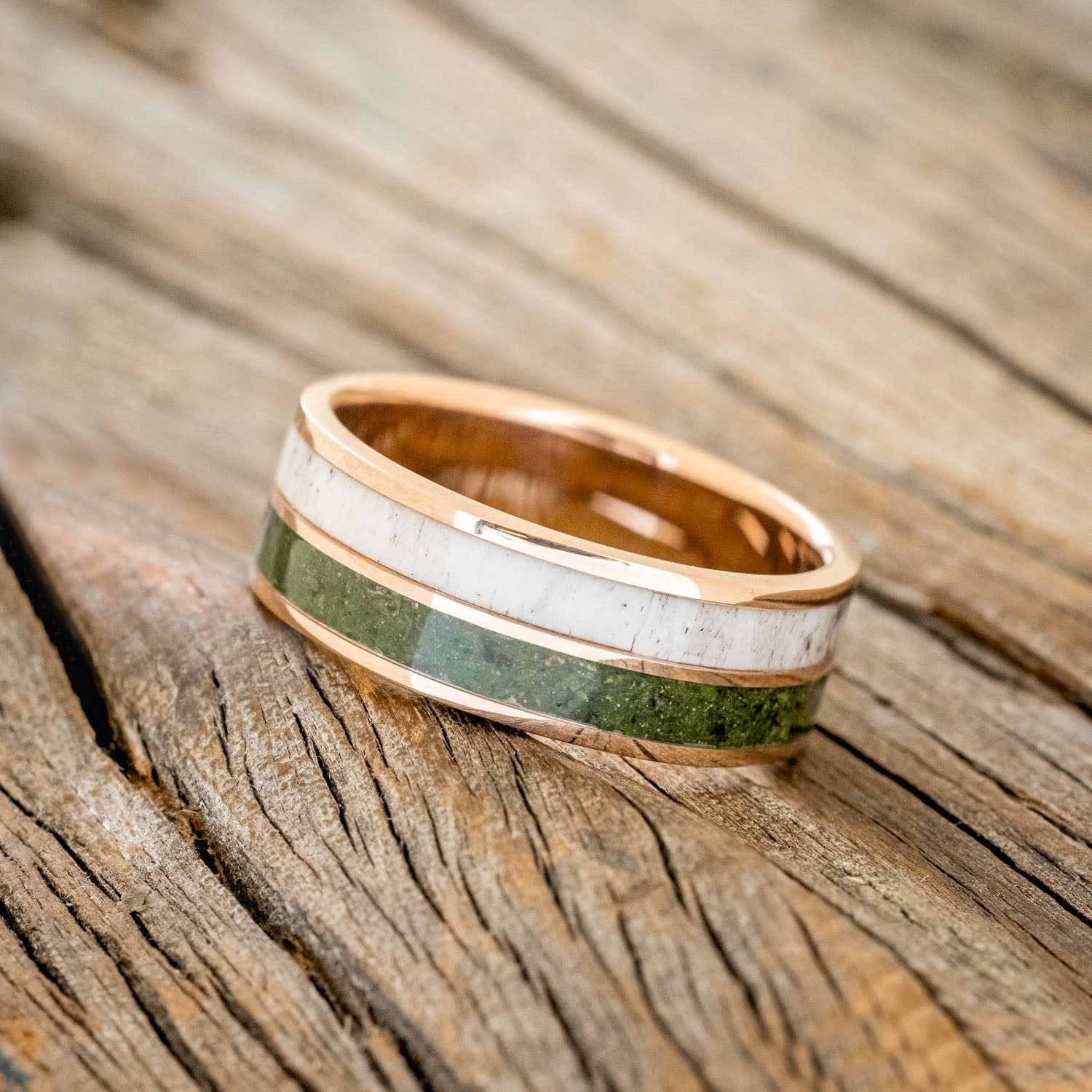 MATCHING SET OF "OCTAVIA" MOSS AGATE & TRACER WITH "DYAD" ANTLER & MOSS WEDDING RINGS-17