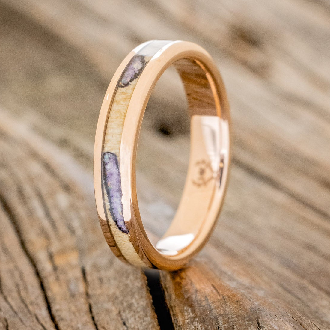 "RAINIER" - MATCHING SET OF BUCKEYE BURL WOOD WITH SUGILITE & OPAL MIX WEDDING BANDS-5