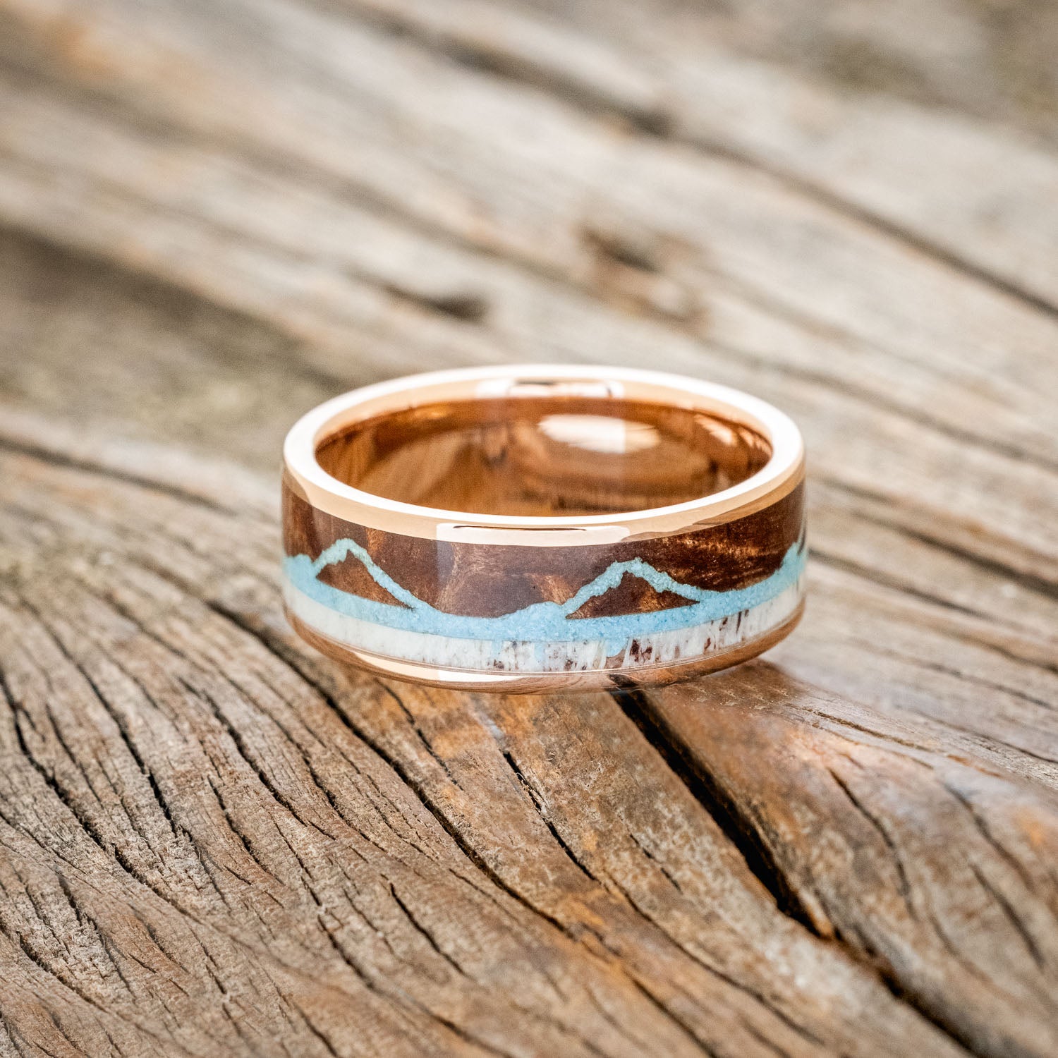 "THE EXPEDITION" - MOUNTAIN ENGRAVED WEDDING RING WITH REDWOOD, TURQUOISE & ANTLER-15