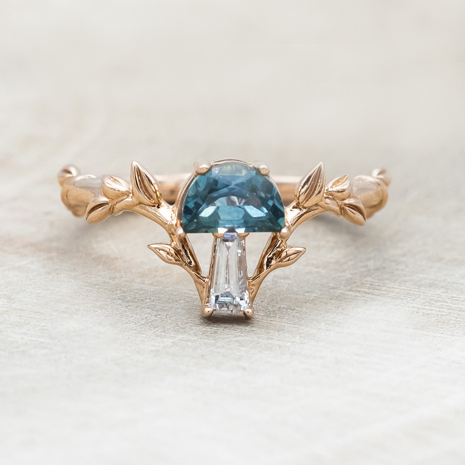 "FAE" - MUSHROOM RING WITH MONTANA SAPPHIRE & DIAMOND ACCENT ON A BRANCH-STYLE BAND-Staghead Designs