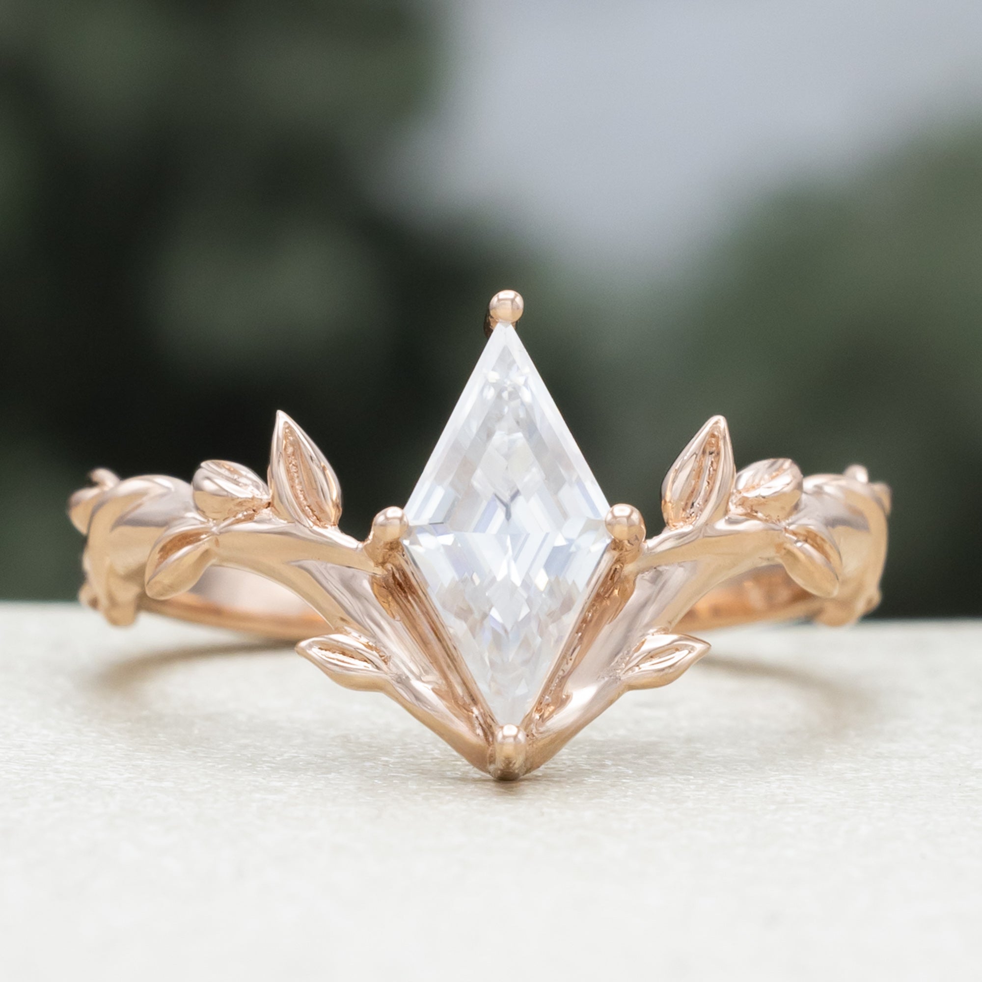 "Fae" - Solitaire-Style Lozenge Cut Moissanite On A Branch-Inspired Band-Staghead Designs