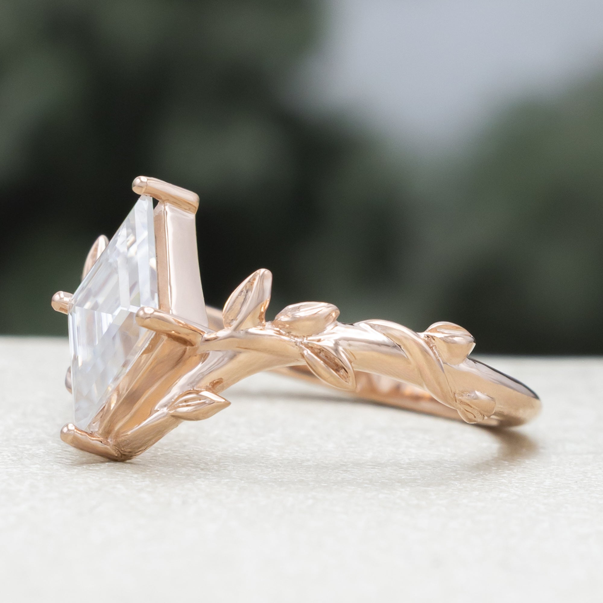 "Fae" - Solitaire-Style Lozenge Cut Moissanite On A Branch-Inspired Band-Staghead Designs