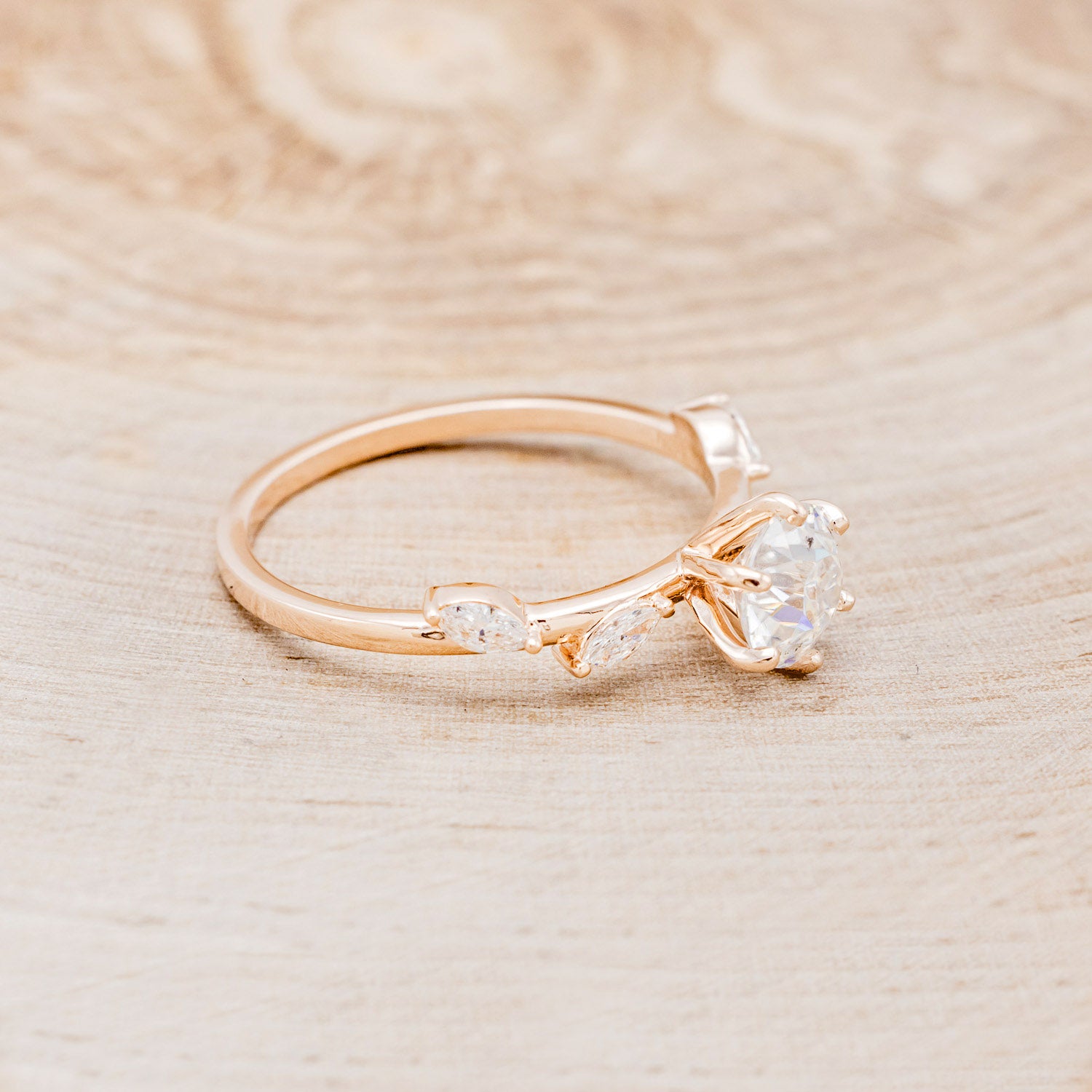 "Flora" - Round Cut Moissanite Engagement Ring With Marquise Cut Diamond Accents - 14K Yellow Gold - Size 4 1/2-Staghead Designs