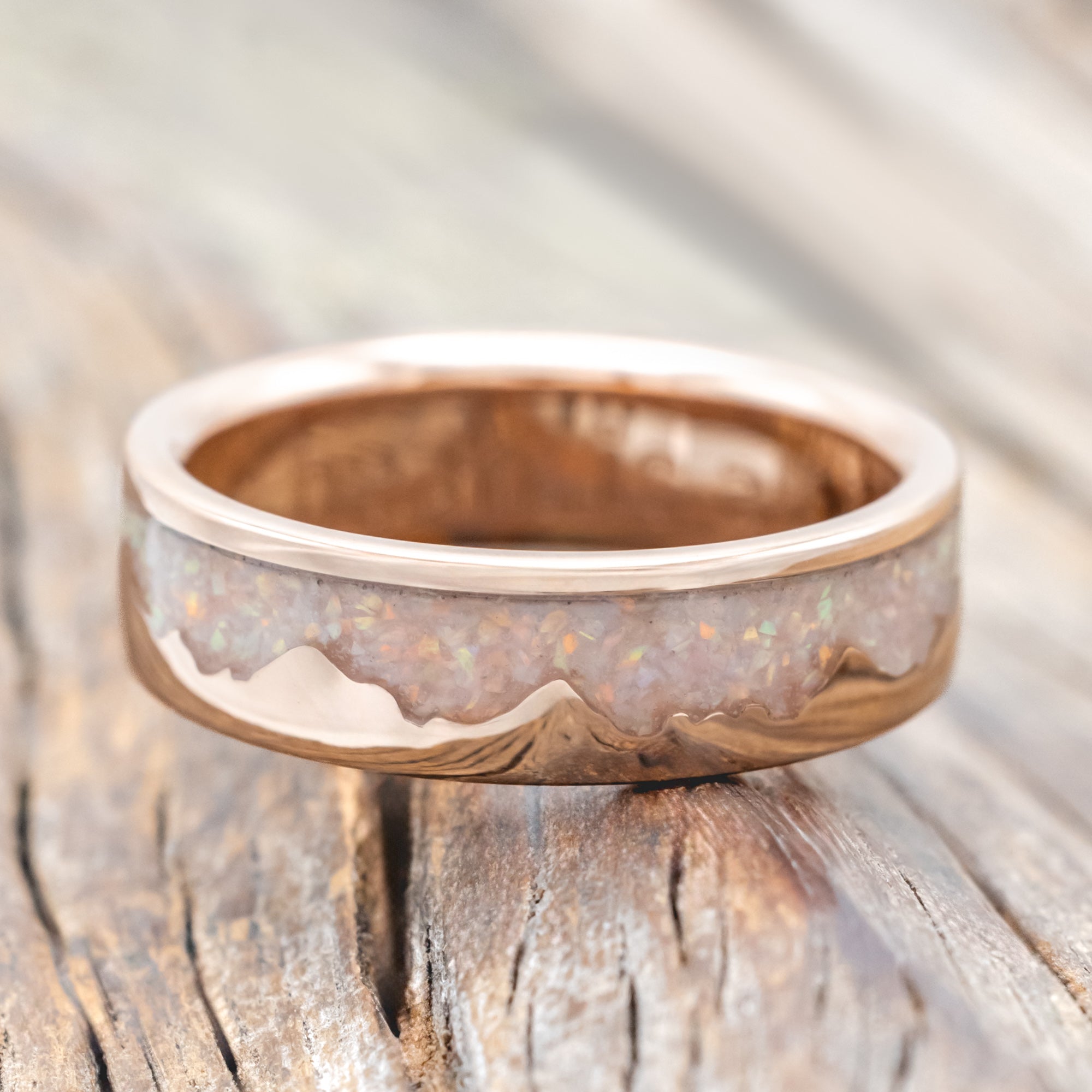 "HELIOS" - FIRE AND ICE OPAL & GOLD MOUNTAIN RANGE WEDDING RING-Staghead Designs